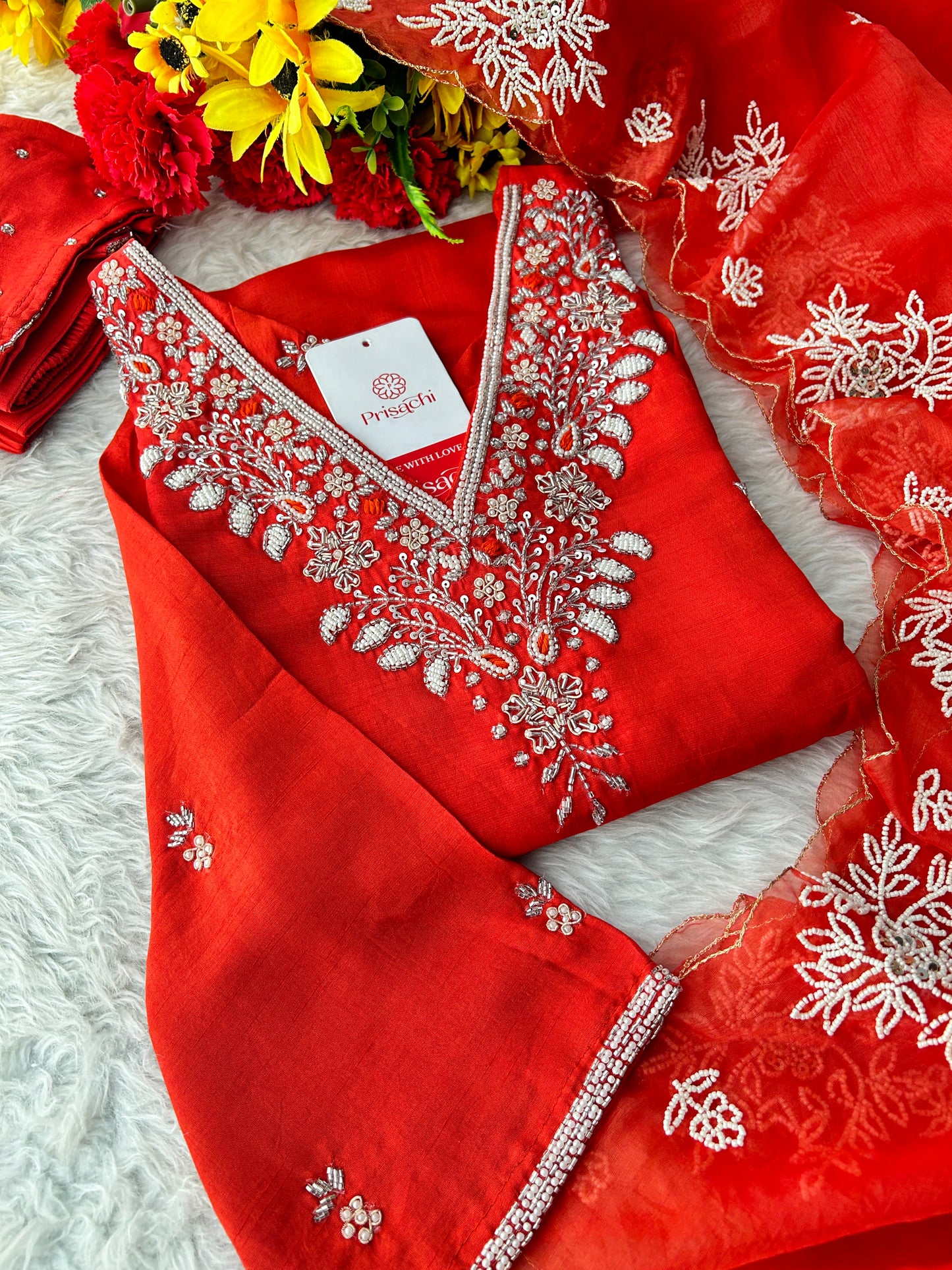 Orange Designer Zardozi Embroidered Ethnic Kurta Set with Pants & Dupatta for Women