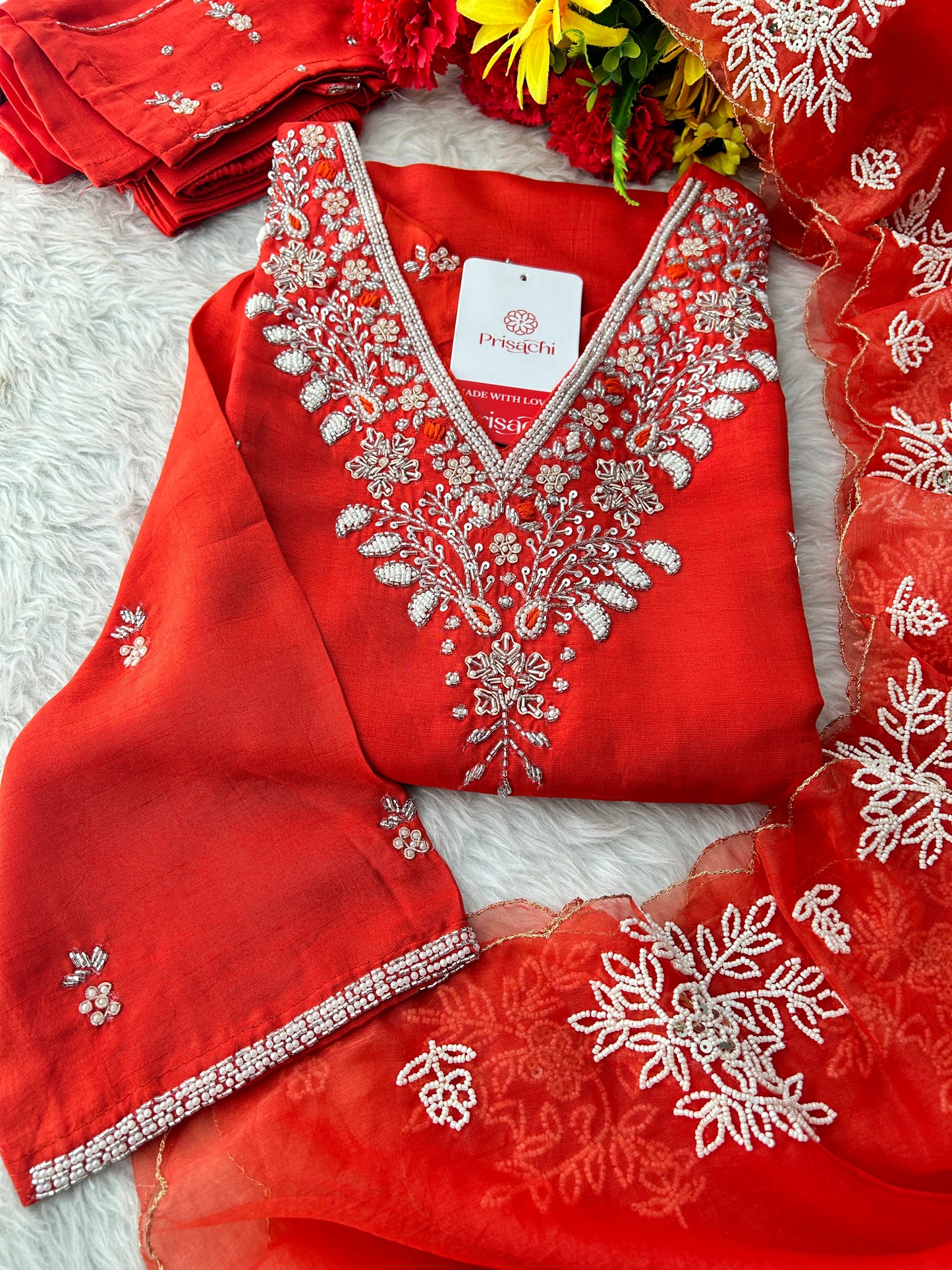 Orange Designer Zardozi Embroidered Ethnic Kurta Set with Pants & Dupatta for Women