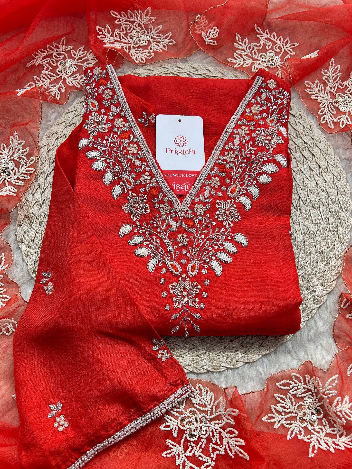 Orange Designer Zardozi Embroidered Ethnic Kurta Set with Pants & Dupatta for Women