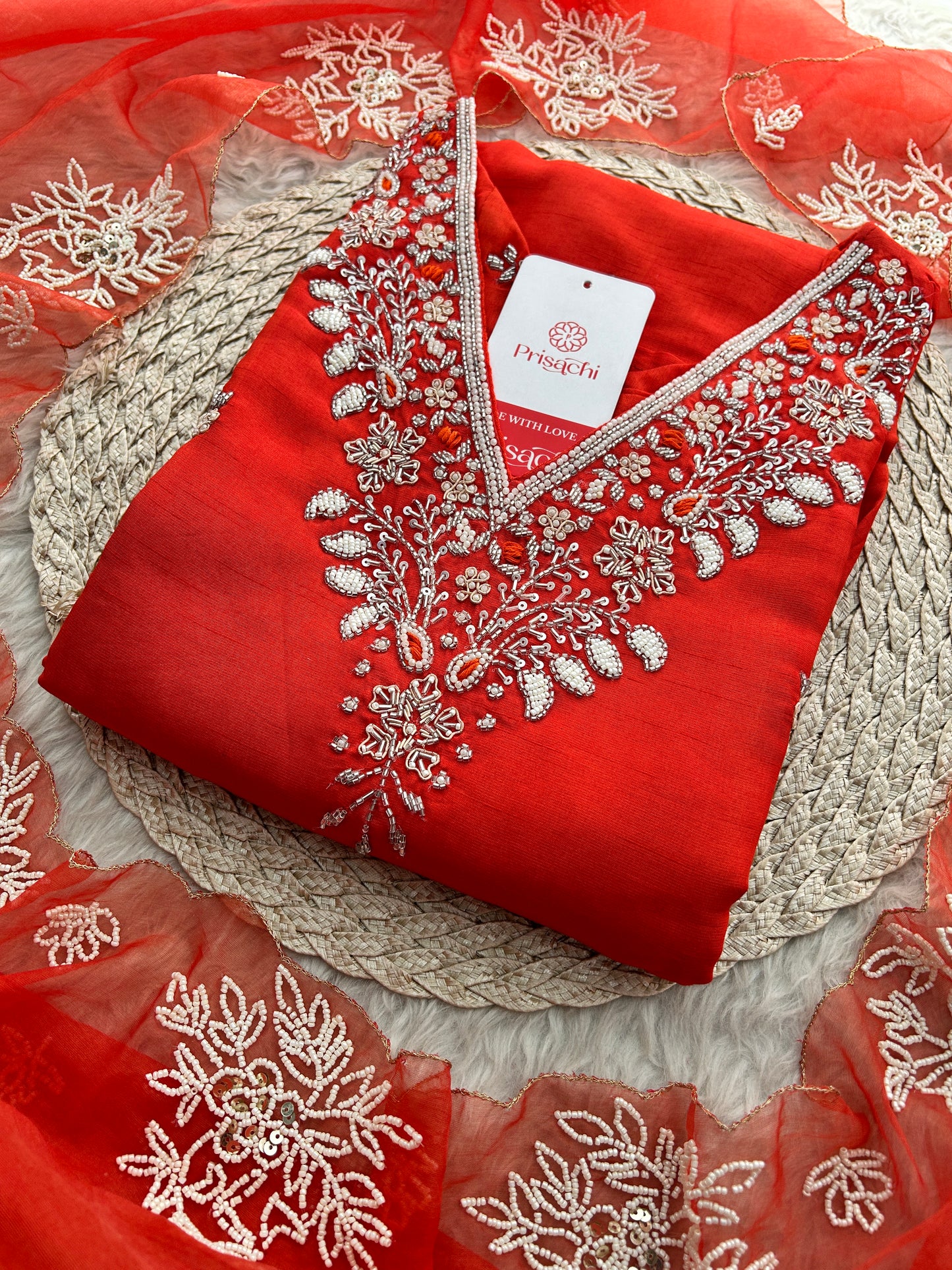 Orange Designer Zardozi Embroidered Ethnic Kurta Set with Pants & Dupatta for Women