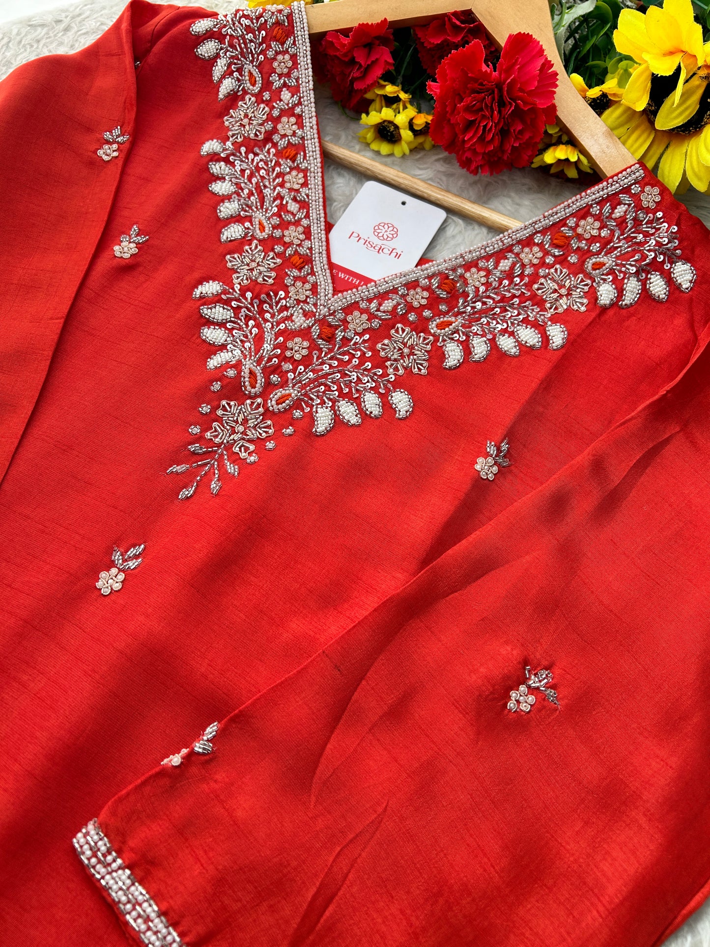 Orange Designer Zardozi Embroidered Ethnic Kurta Set with Pants & Dupatta for Women