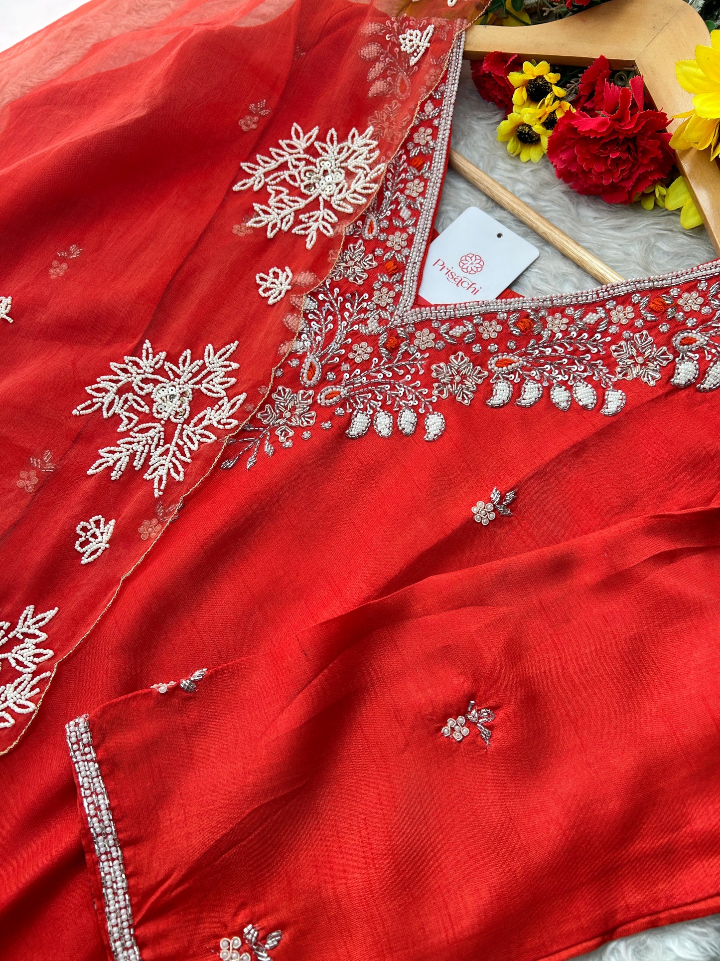 Orange Designer Zardozi Embroidered Ethnic Kurta Set with Pants & Dupatta for Women