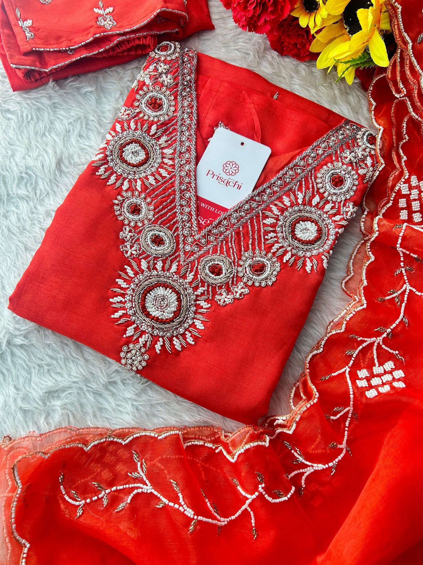 Orange Zardozi Embroidered Kurta Set for Women with Dupatta & Pants | Designer Ethnic Suit Set