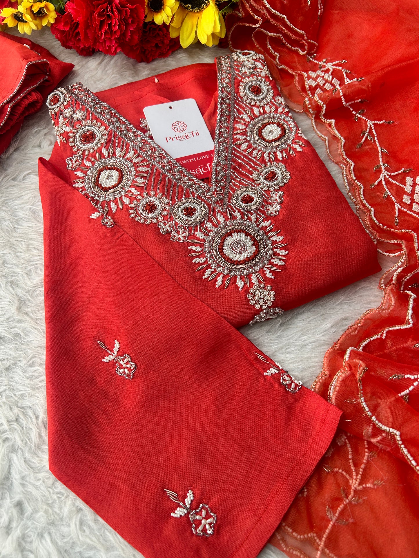 Orange Zardozi Embroidered Kurta Set for Women with Dupatta & Pants | Designer Ethnic Suit Set