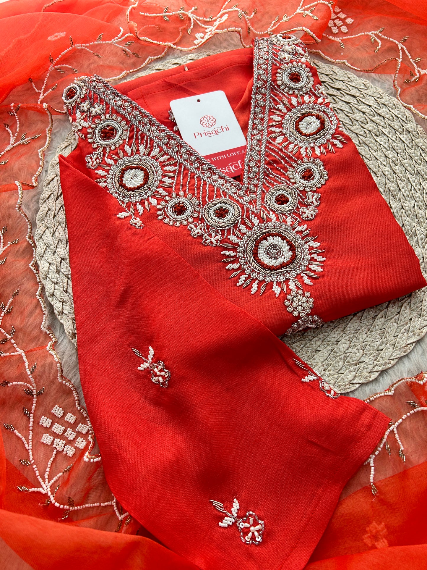 Orange Zardozi Embroidered Kurta Set for Women with Dupatta & Pants | Designer Ethnic Suit Set