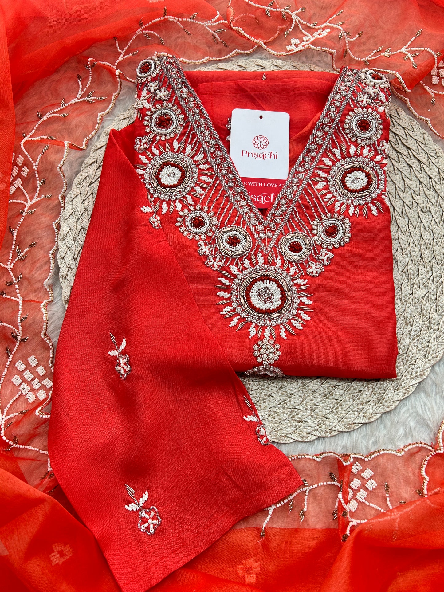 Orange Zardozi Embroidered Kurta Set for Women with Dupatta & Pants | Designer Ethnic Suit Set