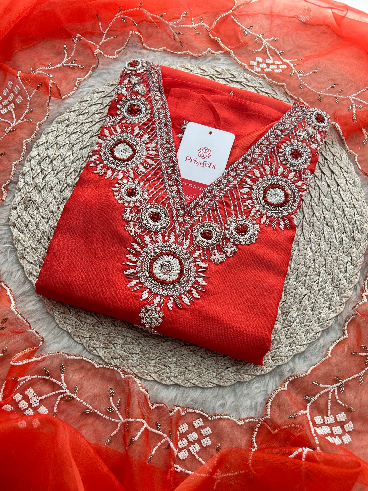 Orange Zardozi Embroidered Kurta Set for Women with Dupatta & Pants | Designer Ethnic Suit Set