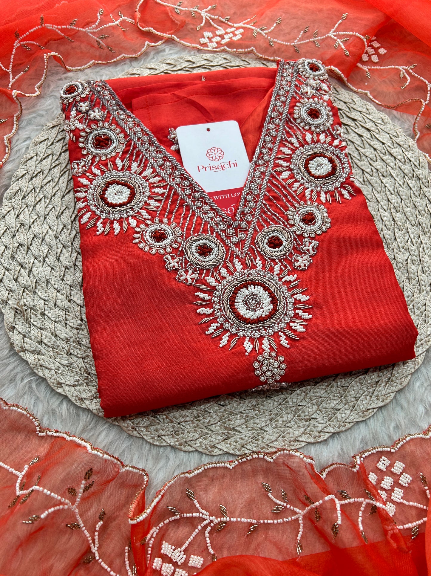 Orange Zardozi Embroidered Kurta Set for Women with Dupatta & Pants | Designer Ethnic Suit Set