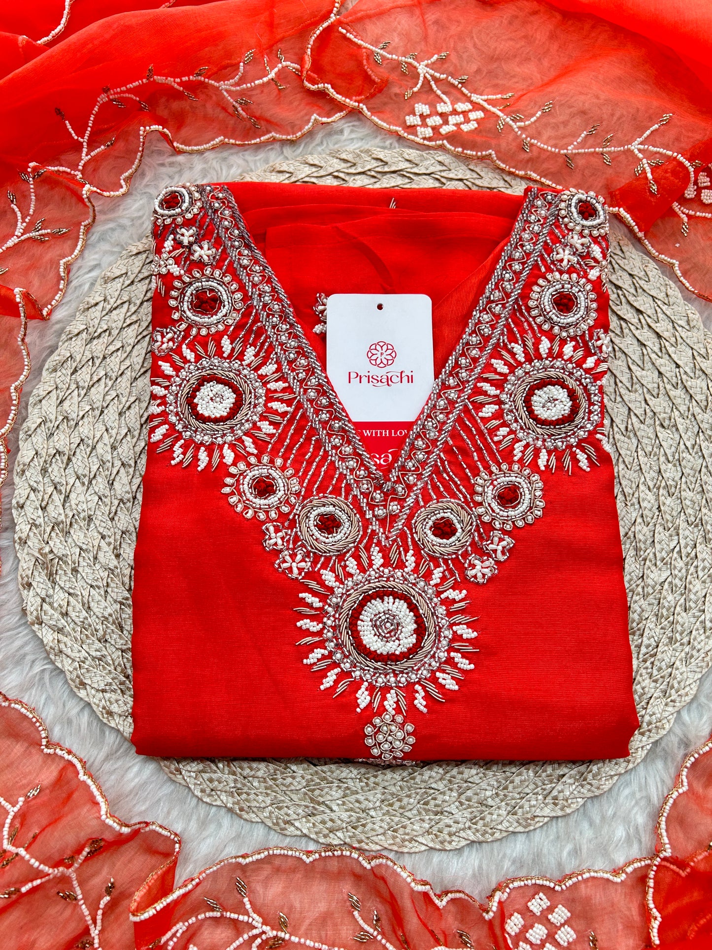 Orange Zardozi Embroidered Kurta Set for Women with Dupatta & Pants | Designer Ethnic Suit Set