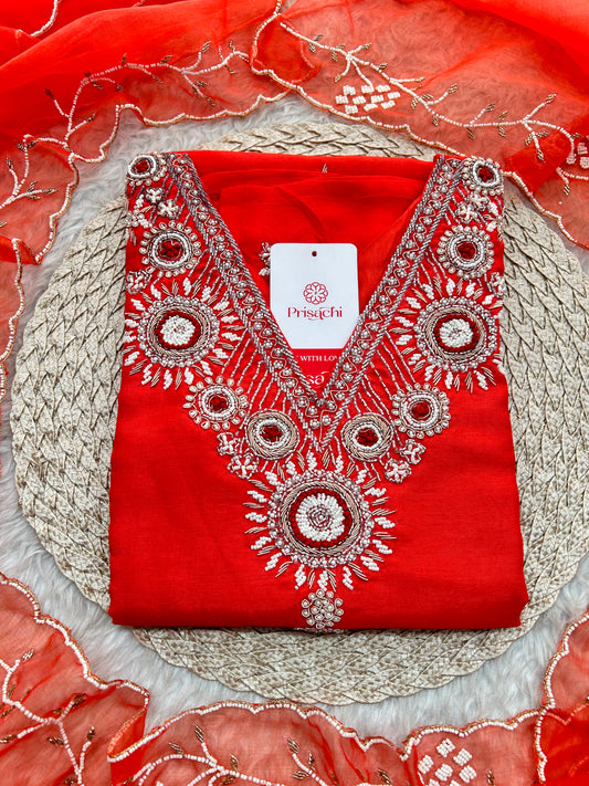 Orange Zardozi Embroidered Kurta Set for Women with Dupatta & Pants | Designer Ethnic Suit Set