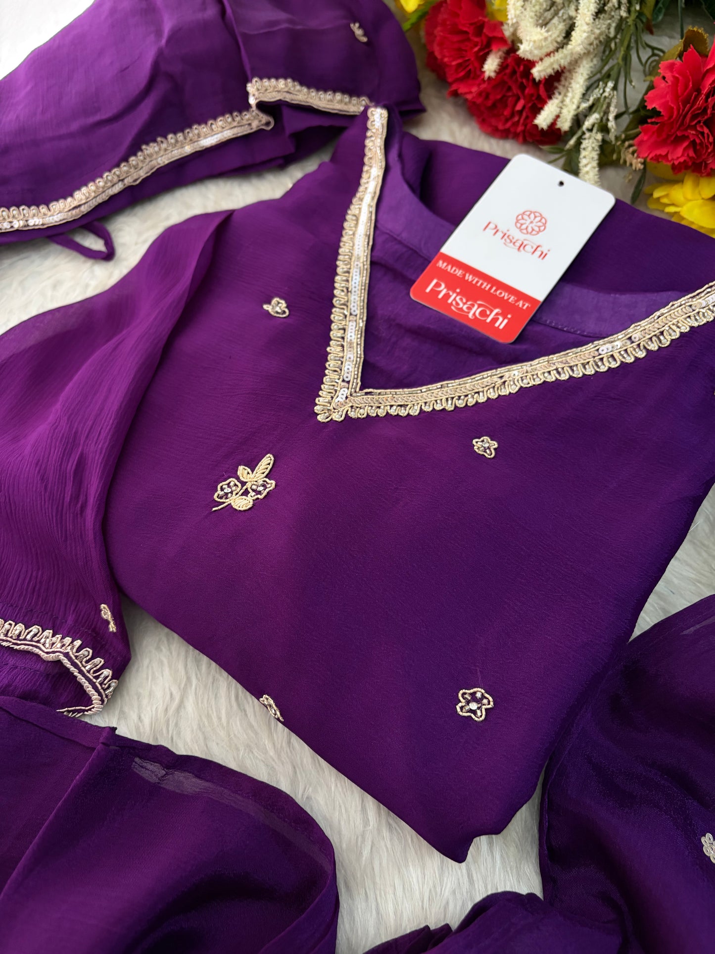 Purple Zardozi Embroidered Kurta Set for Women with Pants & Dupatta | Traditional Ethnic wear