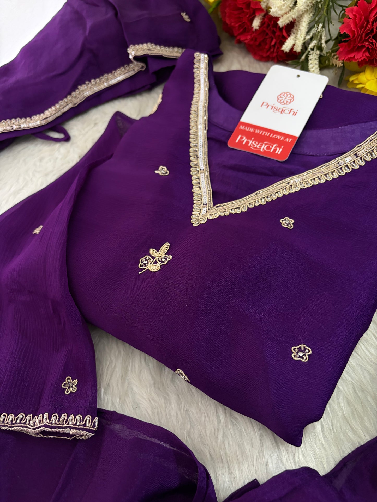 Purple Zardozi Embroidered Kurta Set for Women with Pants & Dupatta | Traditional Ethnic wear