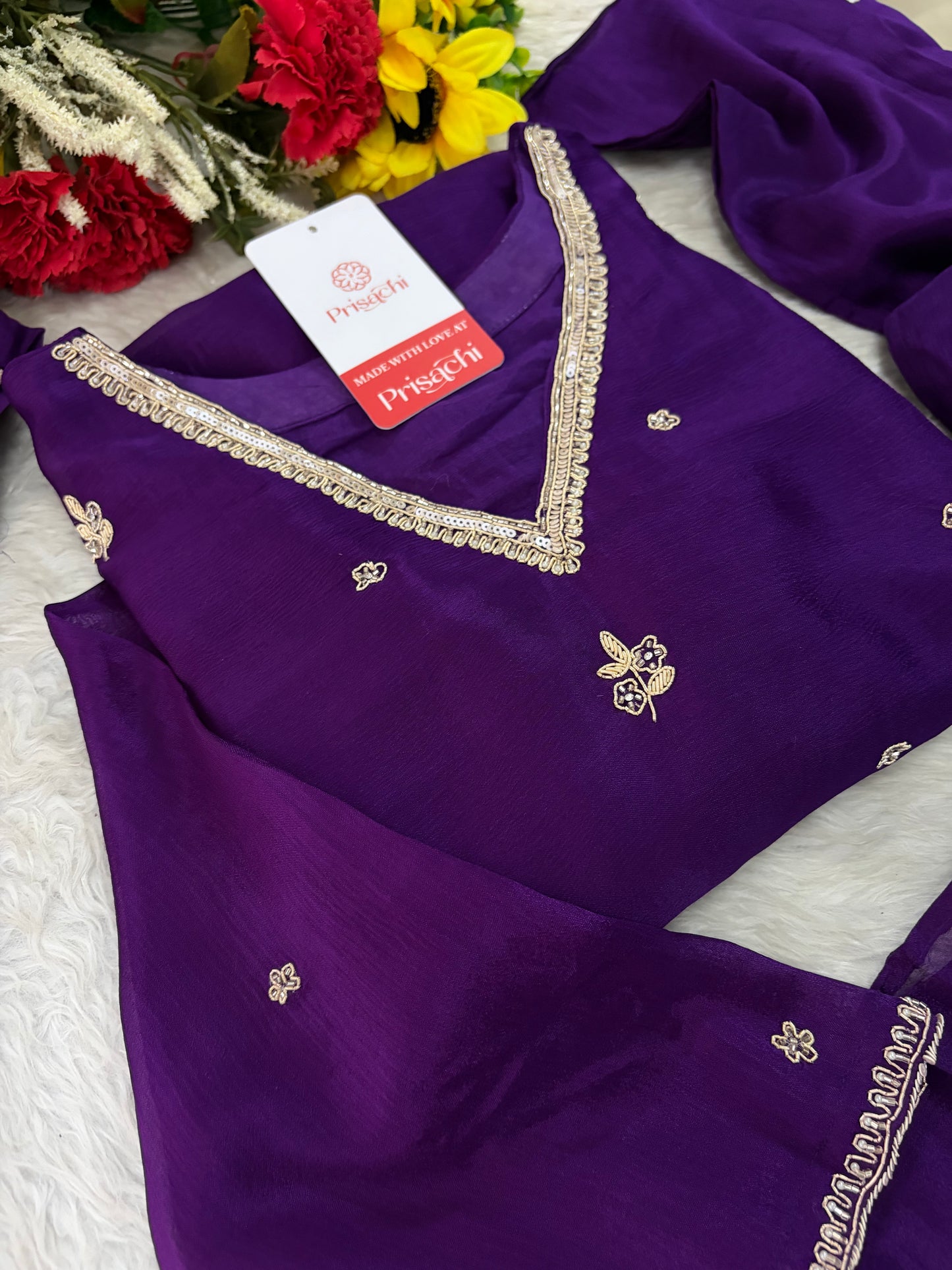 Purple Zardozi Embroidered Kurta Set for Women with Pants & Dupatta | Traditional Ethnic wear