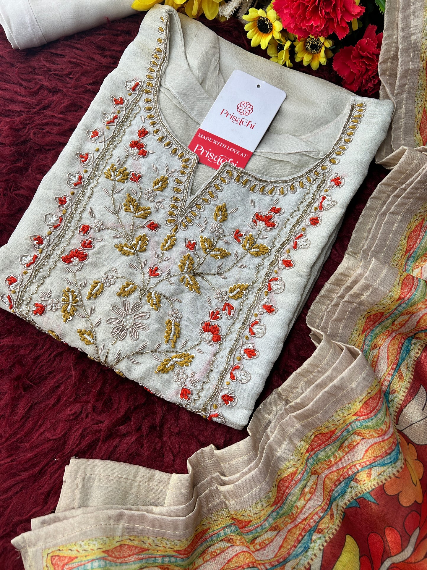 Off White Embroidered Ethnic Kurta Set with Floral Printed Dupatta & Pants