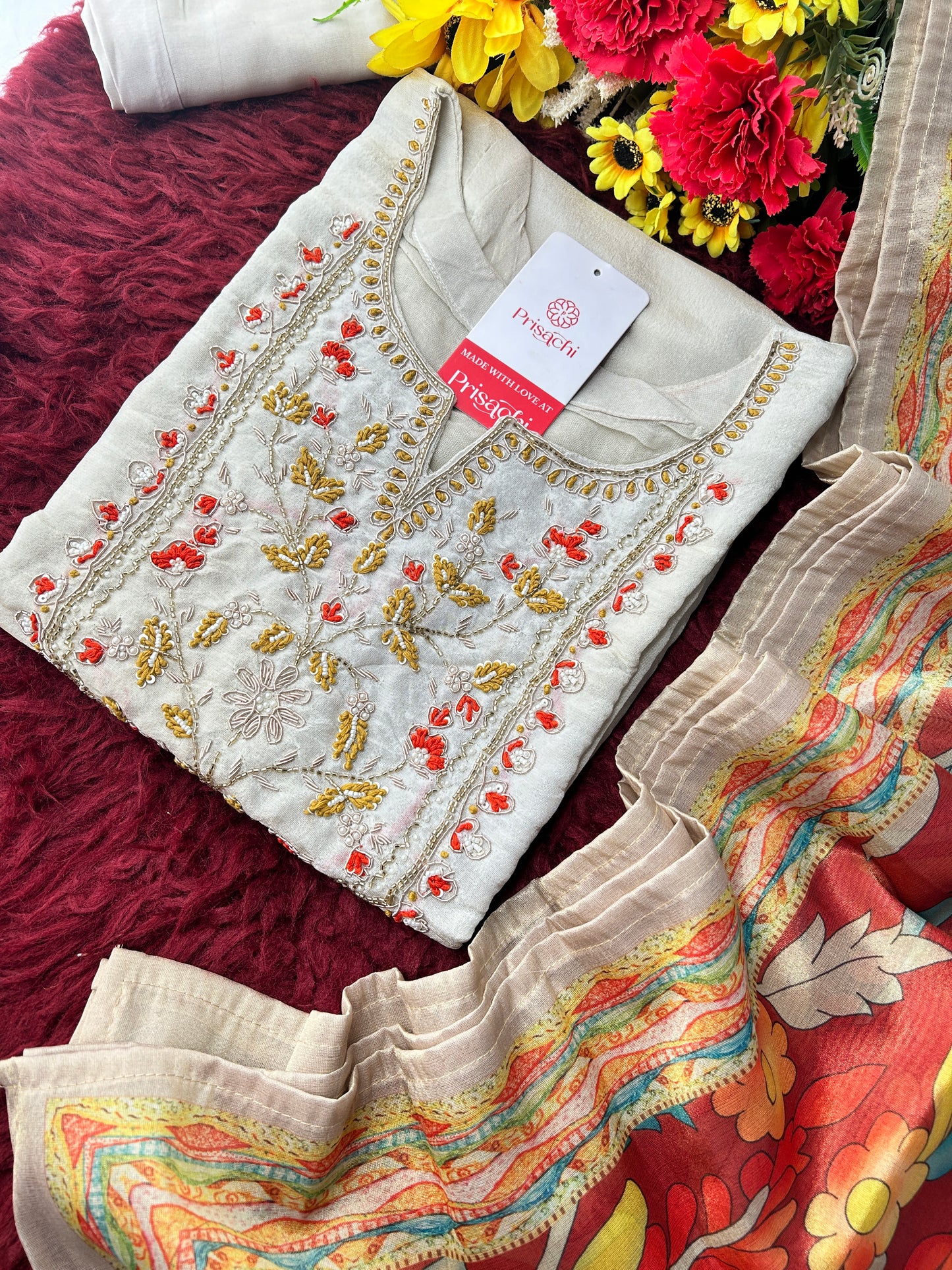 Off White Embroidered Ethnic Kurta Set with Floral Printed Dupatta & Pants