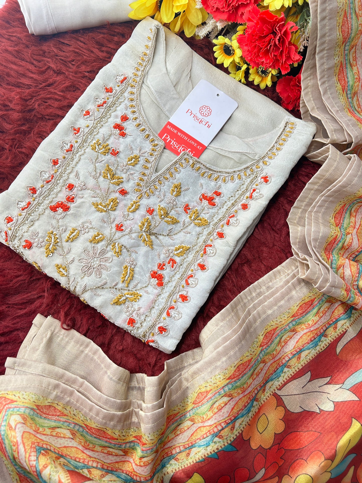 Off White Embroidered Ethnic Kurta Set with Floral Printed Dupatta & Pants