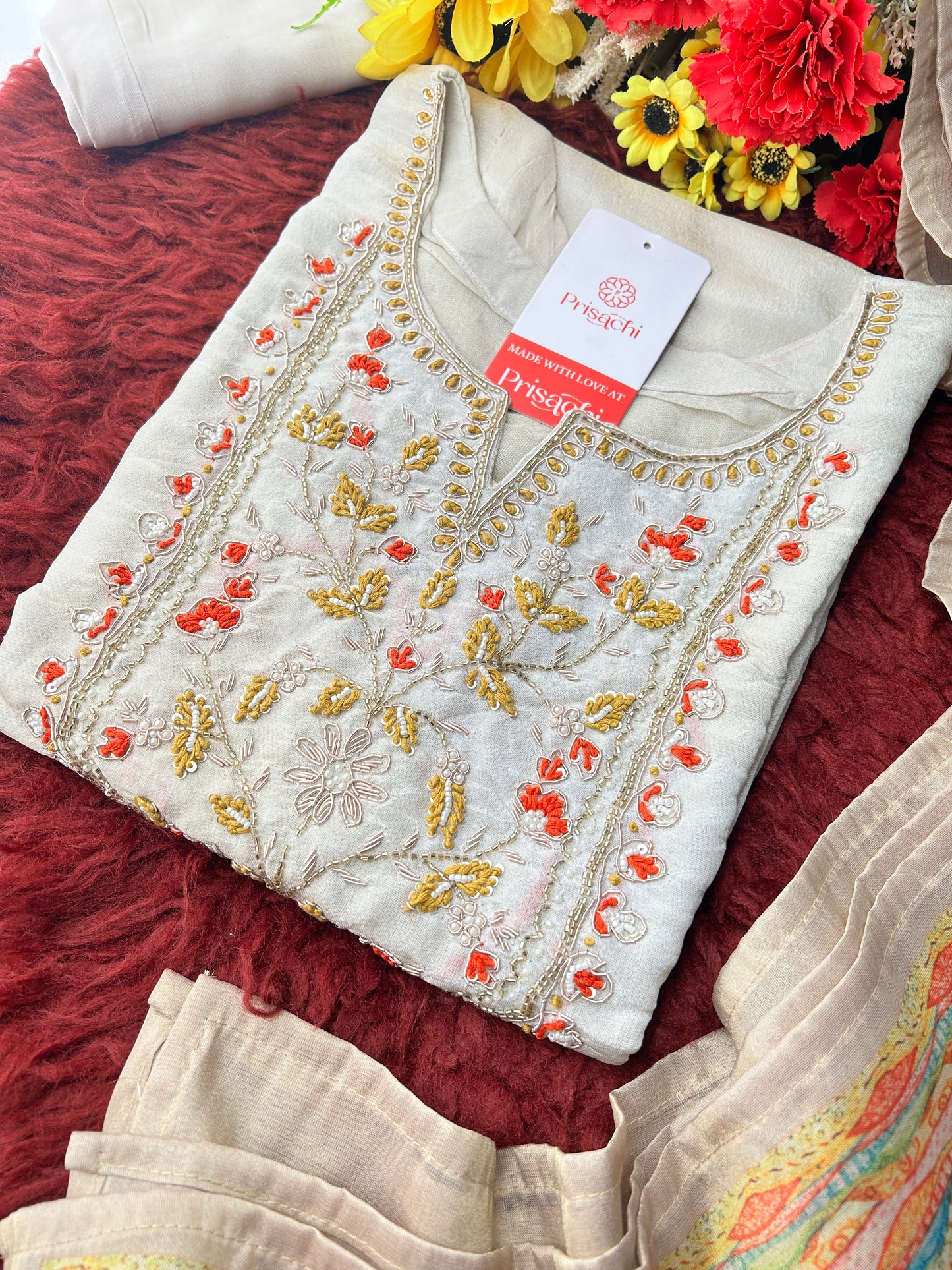 Off White Embroidered Ethnic Kurta Set with Floral Printed Dupatta & Pants