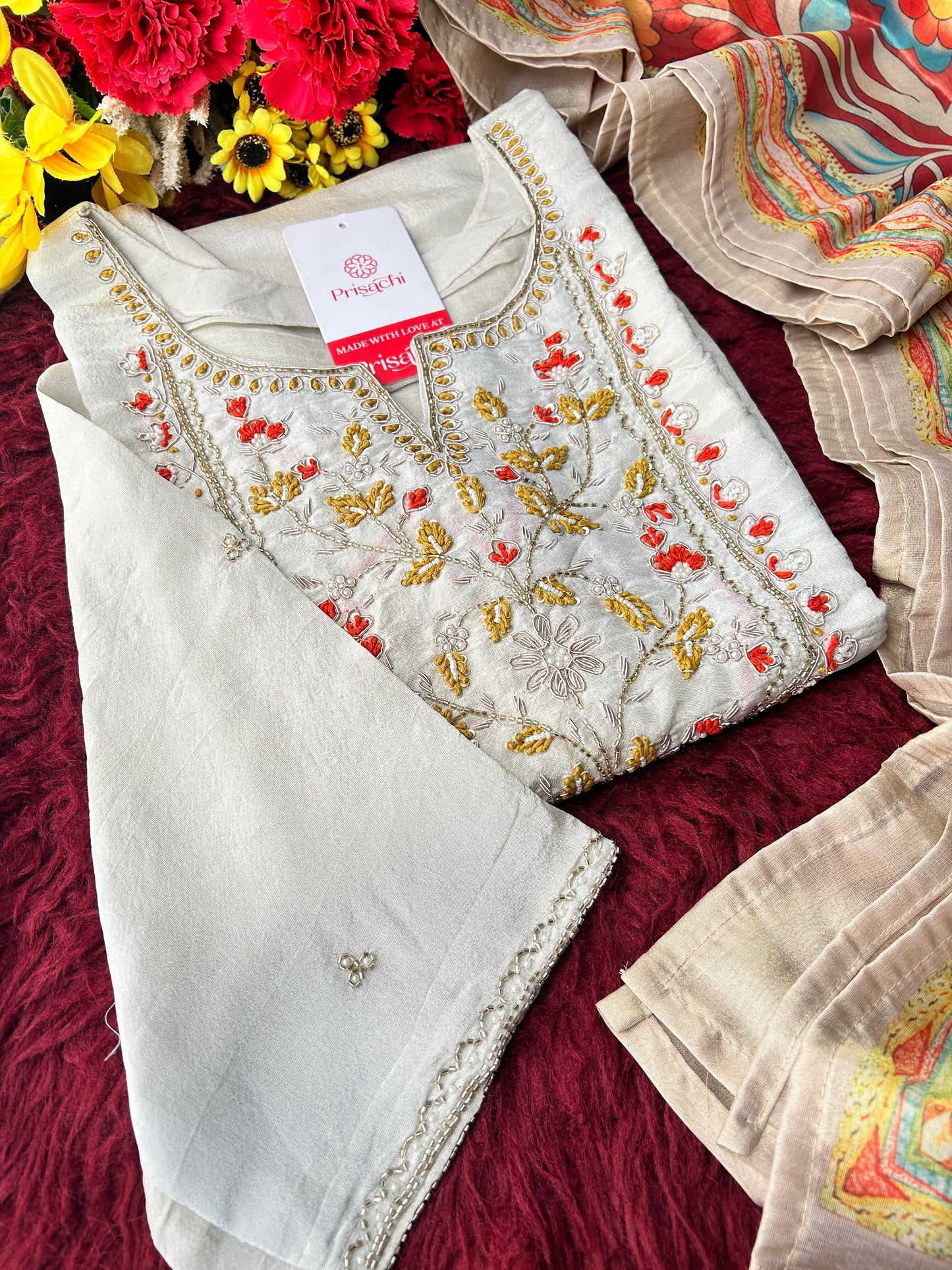 Off White Embroidered Ethnic Kurta Set with Floral Printed Dupatta & Pants