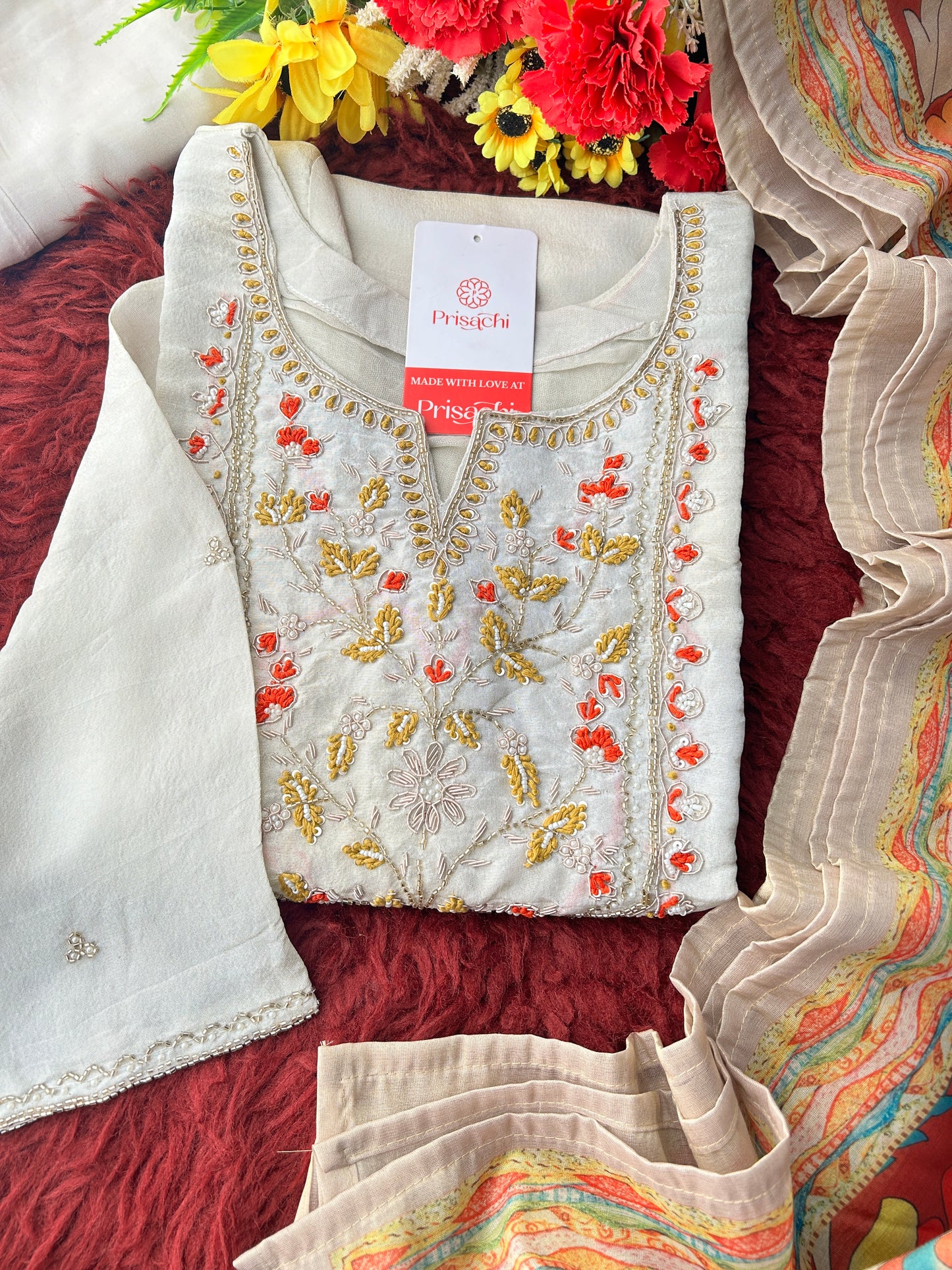 Off White Embroidered Ethnic Kurta Set with Floral Printed Dupatta & Pants