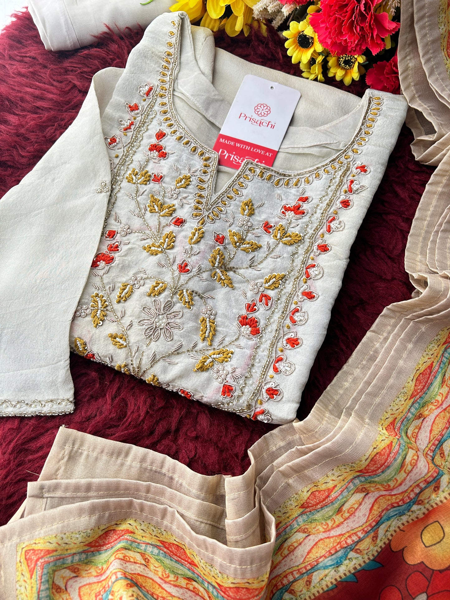 Off White Embroidered Ethnic Kurta Set with Floral Printed Dupatta & Pants