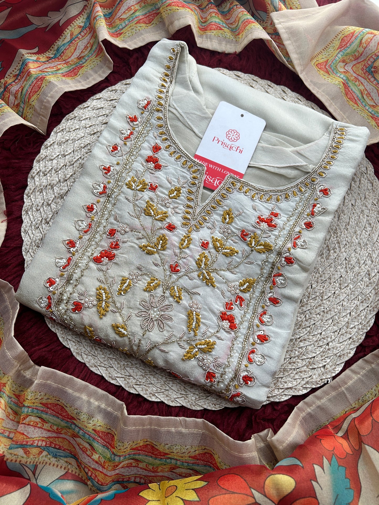 Off White Embroidered Ethnic Kurta Set with Floral Printed Dupatta & Pants