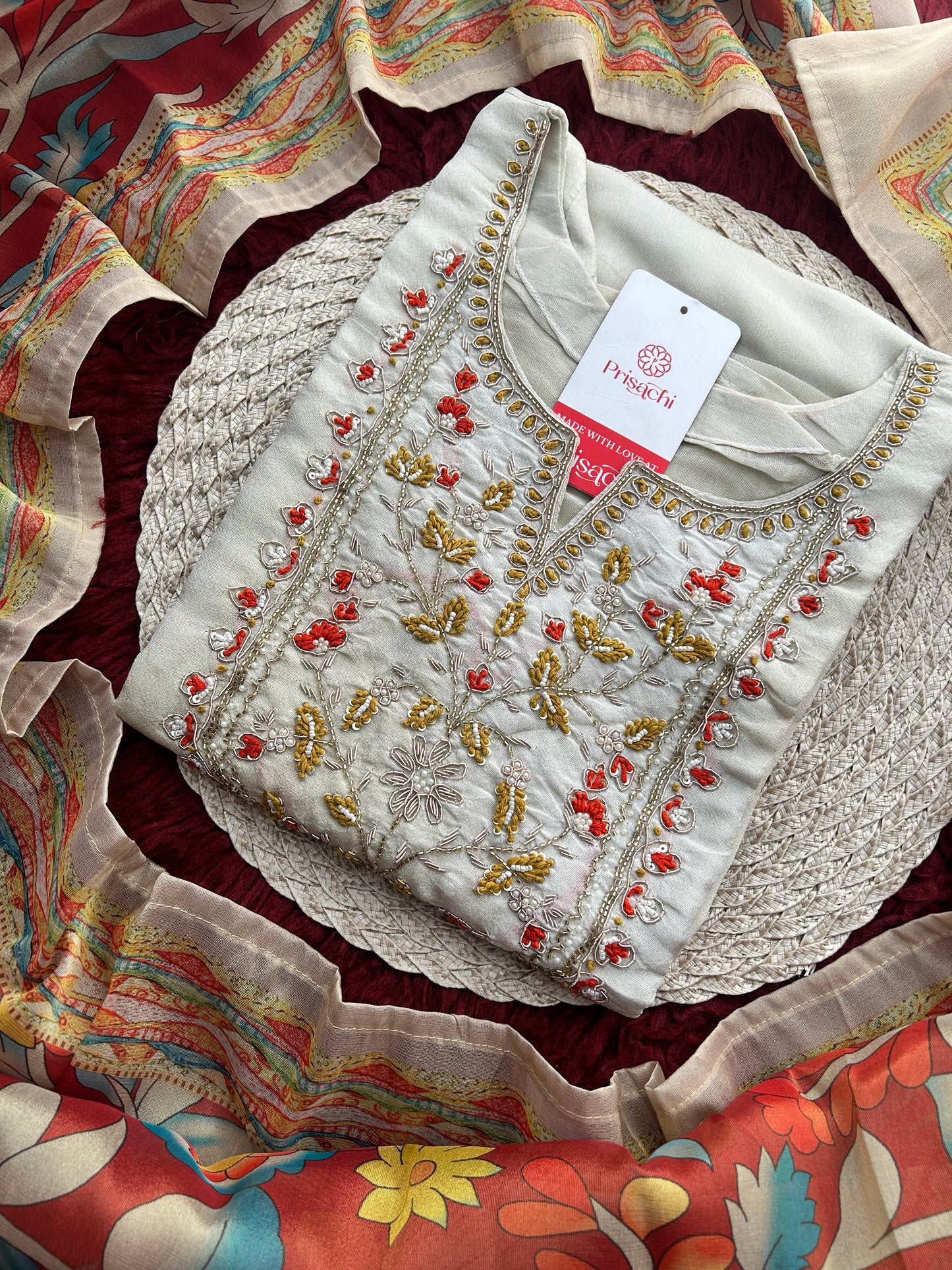 Off White Embroidered Ethnic Kurta Set with Floral Printed Dupatta & Pants