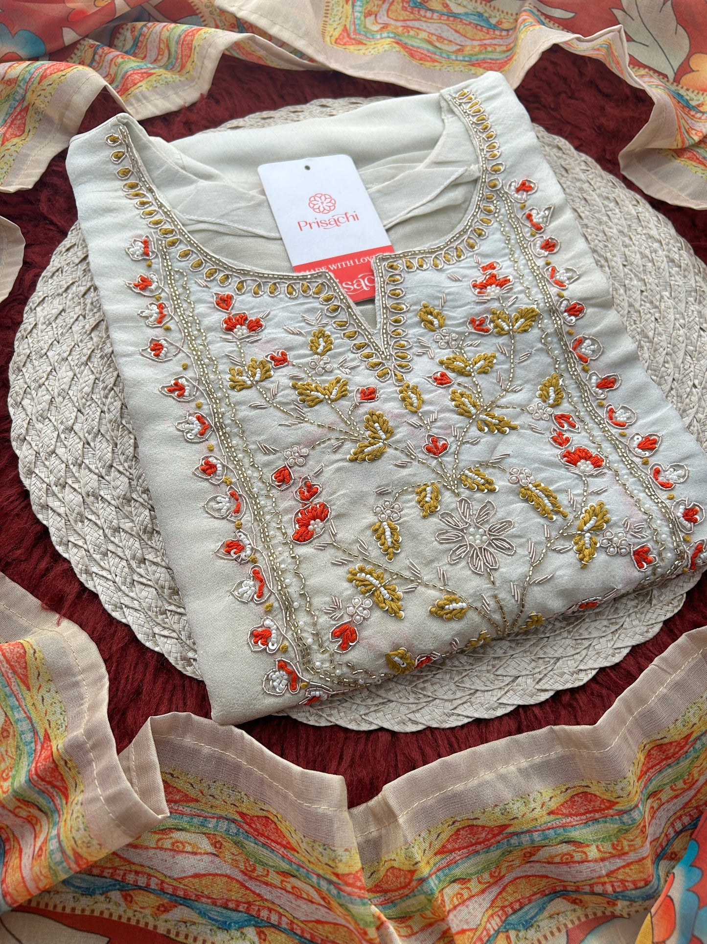 Off White Embroidered Ethnic Kurta Set with Floral Printed Dupatta & Pants