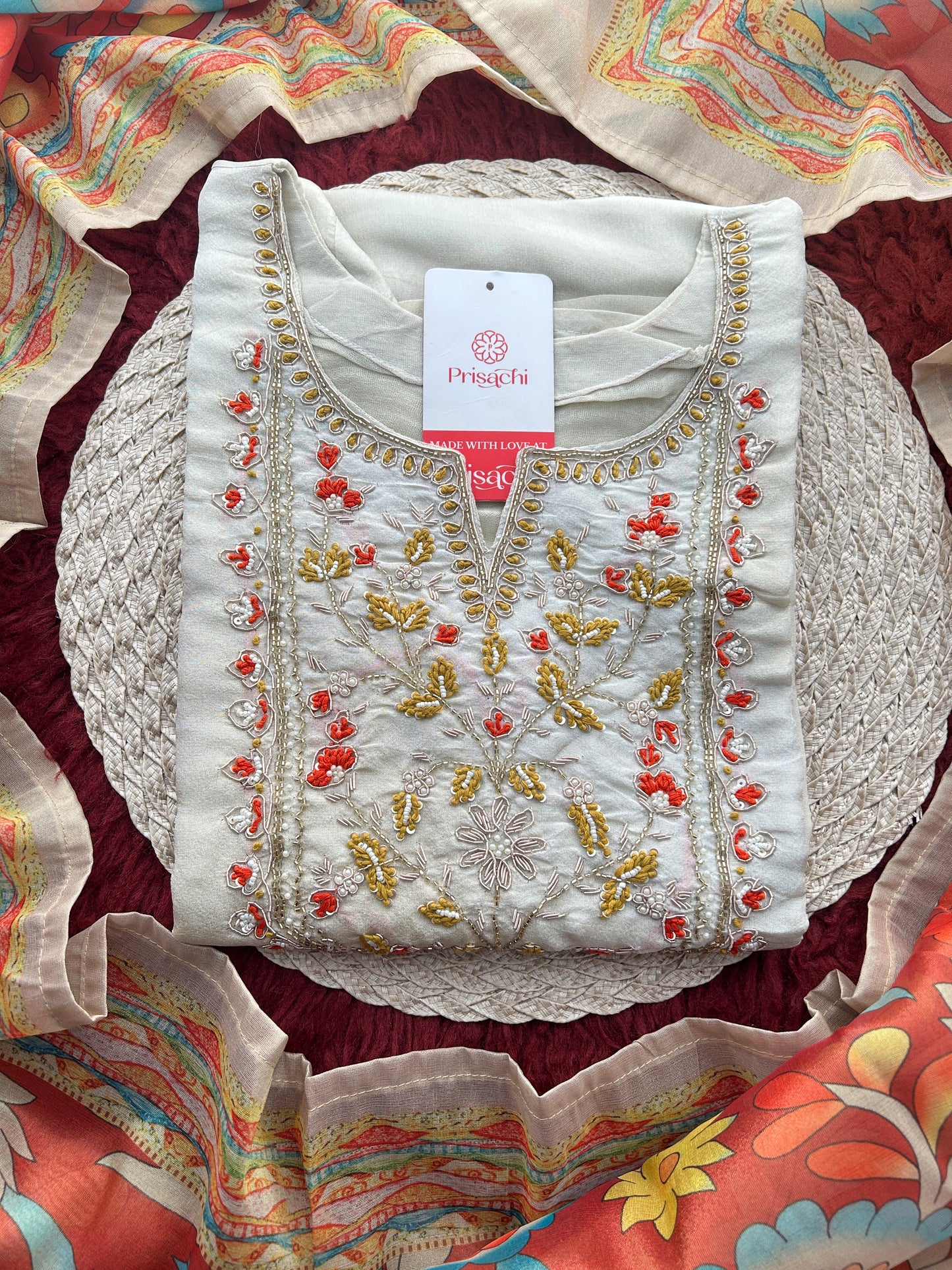 Off White Embroidered Ethnic Kurta Set with Floral Printed Dupatta & Pants
