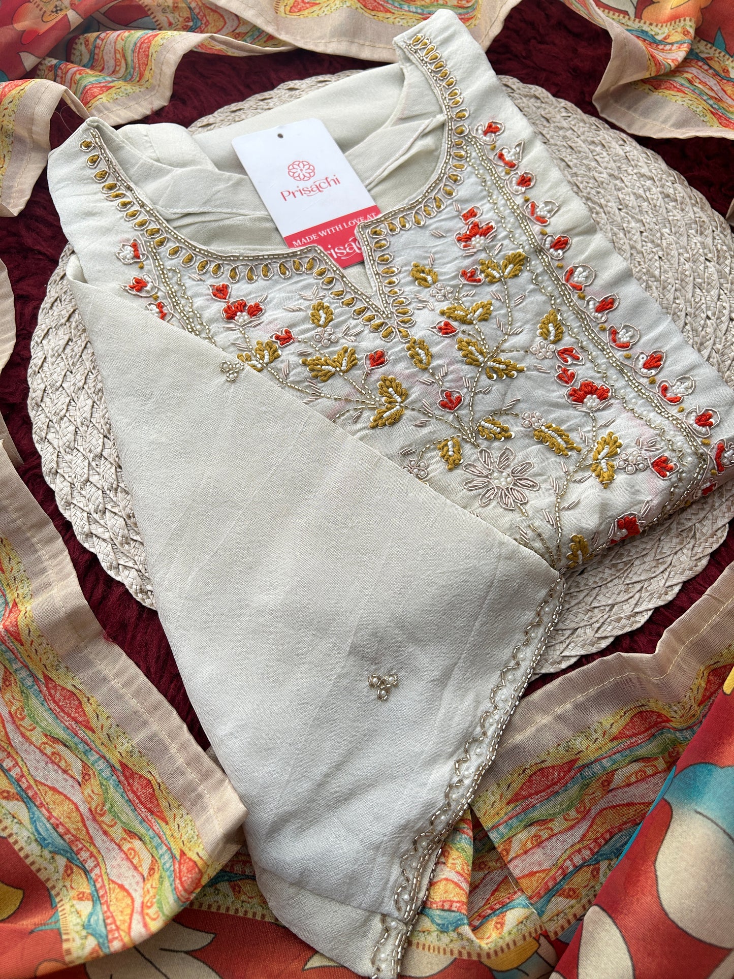 Off White Embroidered Ethnic Kurta Set with Floral Printed Dupatta & Pants