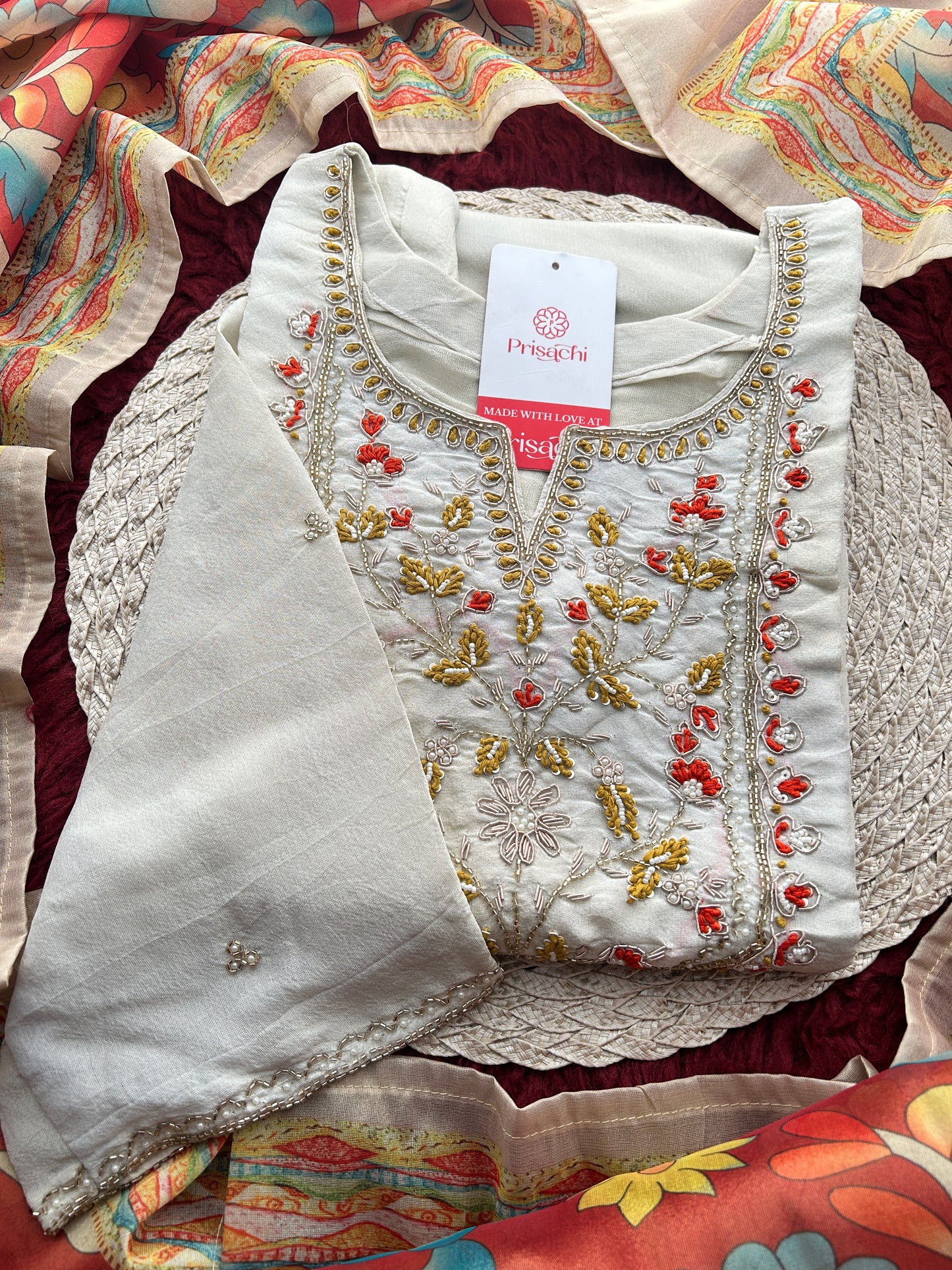 Off White Embroidered Ethnic Kurta Set with Floral Printed Dupatta & Pants