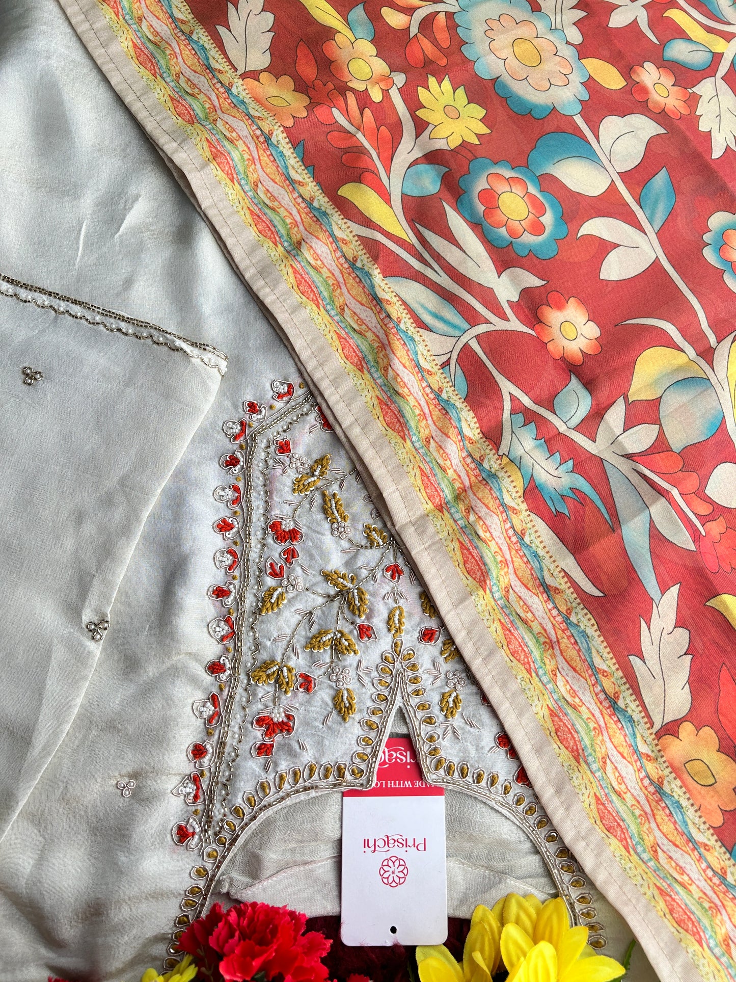 Off White Embroidered Ethnic Kurta Set with Floral Printed Dupatta & Pants