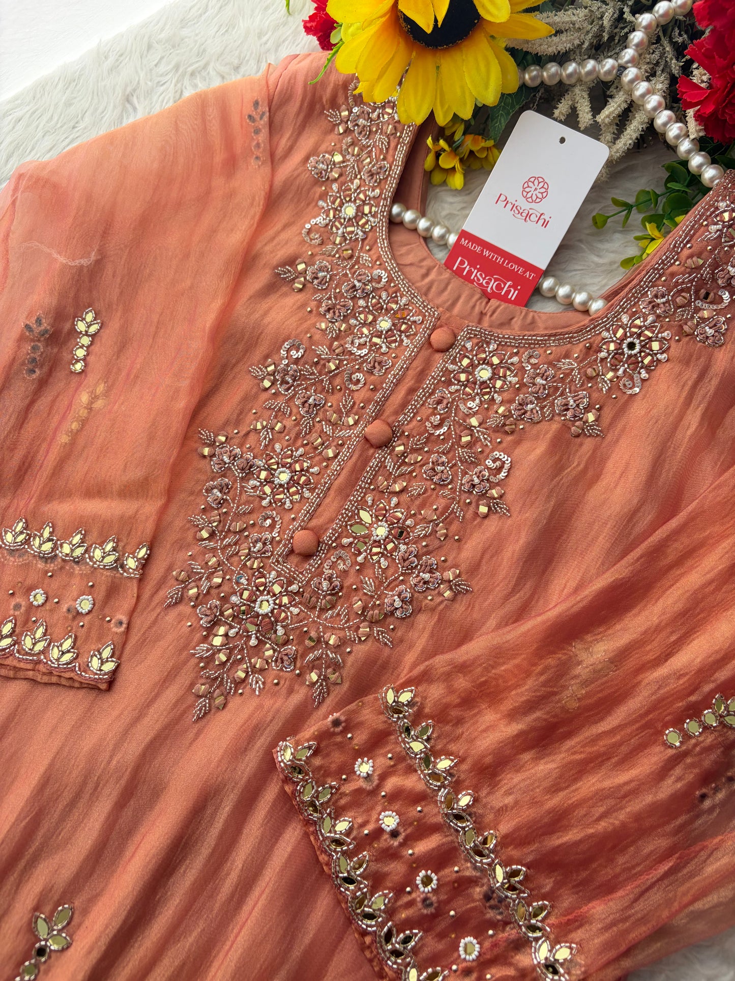 Peach Zardozi Embroidered A Line Kurta Set with Palazzo & Dupatta for Women | Traditional Ethnic Dress