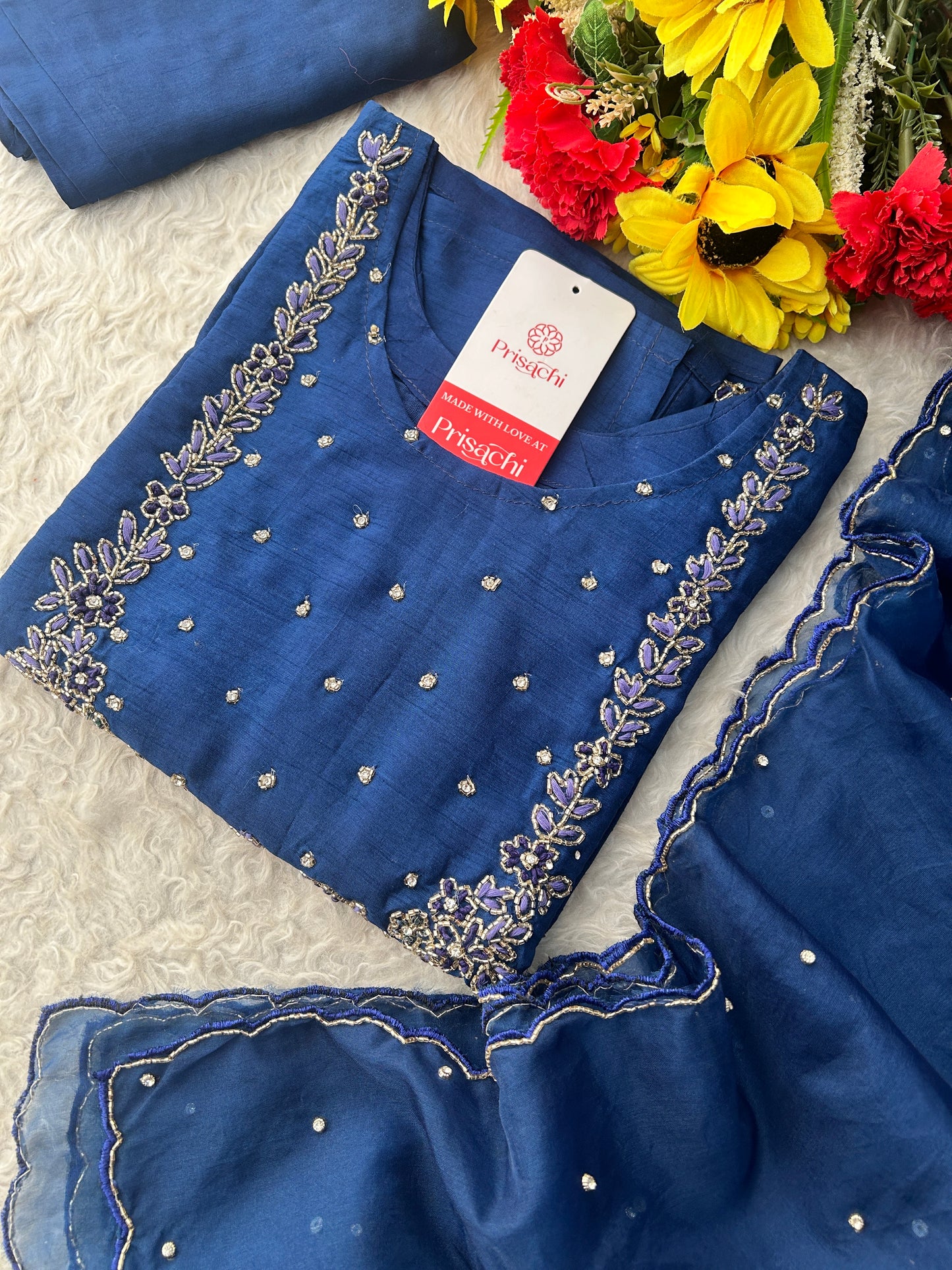 Navy Blue Embroidered Kurta Set with Pants & Dupatta | Traditional Ethnic Wear