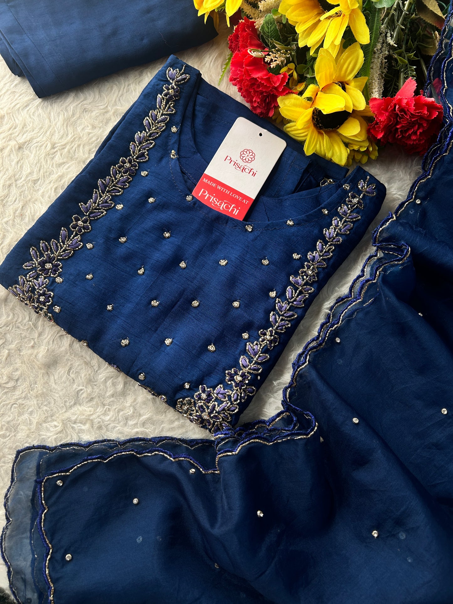 Navy Blue Embroidered Kurta Set with Pants & Dupatta | Traditional Ethnic Wear