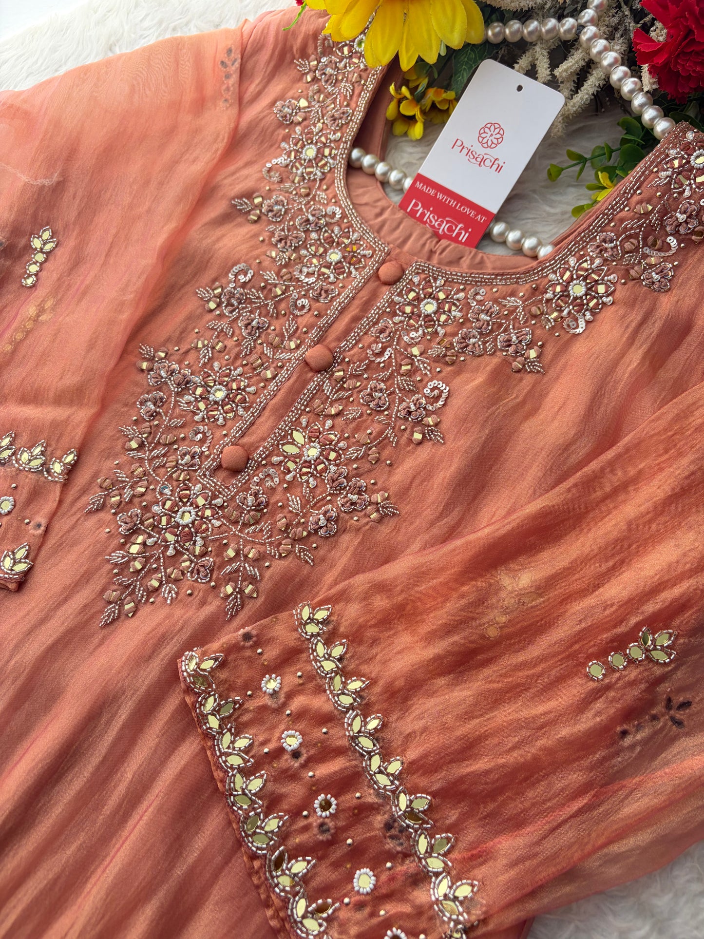 Peach Zardozi Embroidered A Line Kurta Set with Palazzo & Dupatta for Women | Traditional Ethnic Dress