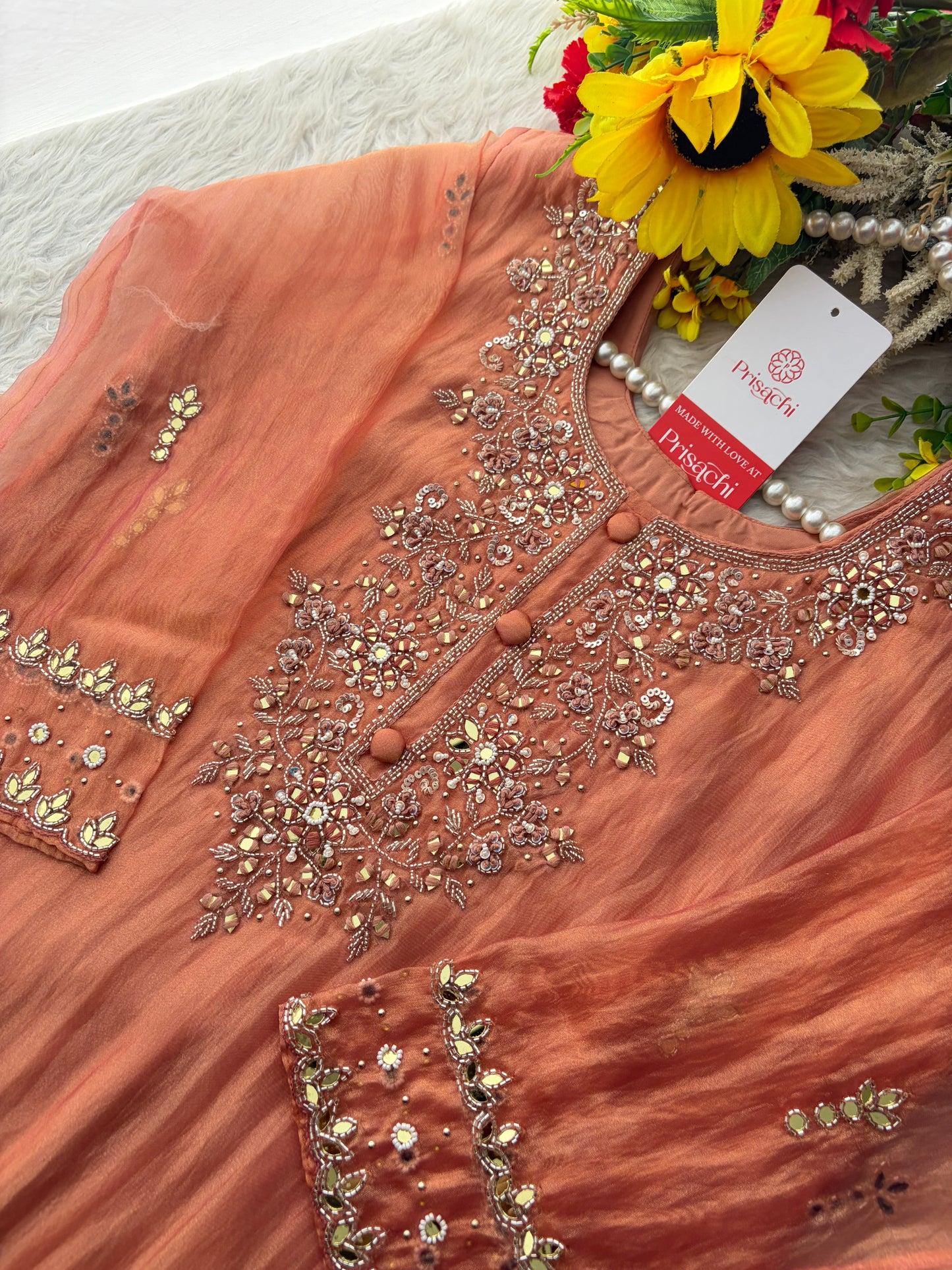 Peach Zardozi Embroidered A Line Kurta Set with Palazzo & Dupatta for Women | Traditional Ethnic Dress