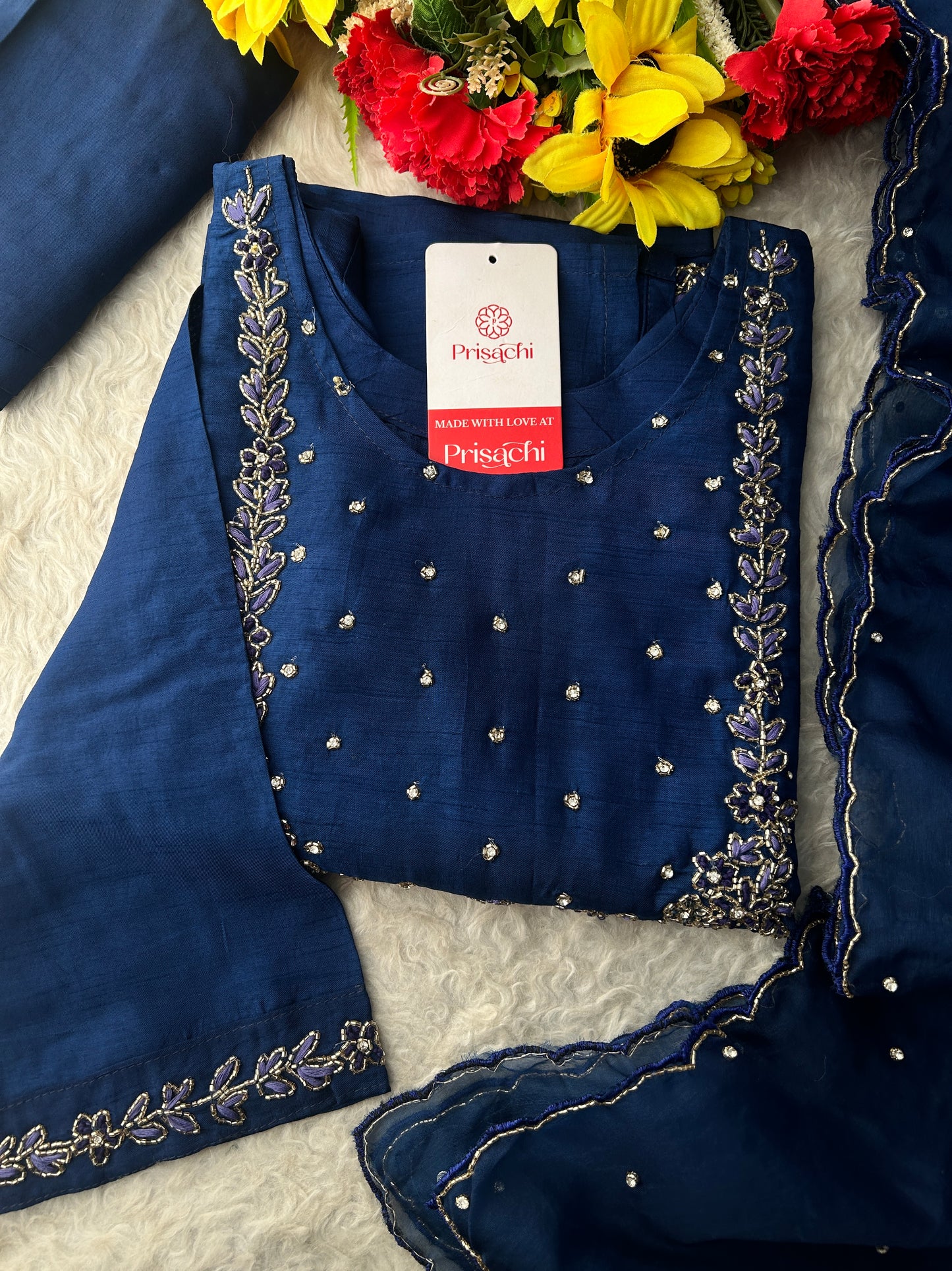 Navy Blue Embroidered Kurta Set with Pants & Dupatta | Traditional Ethnic Wear