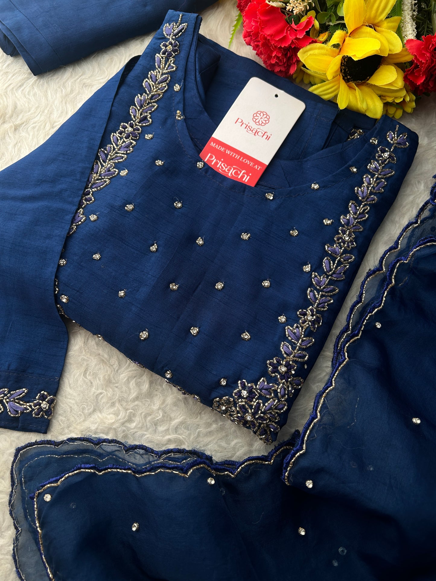 Navy Blue Embroidered Kurta Set with Pants & Dupatta | Traditional Ethnic Wear