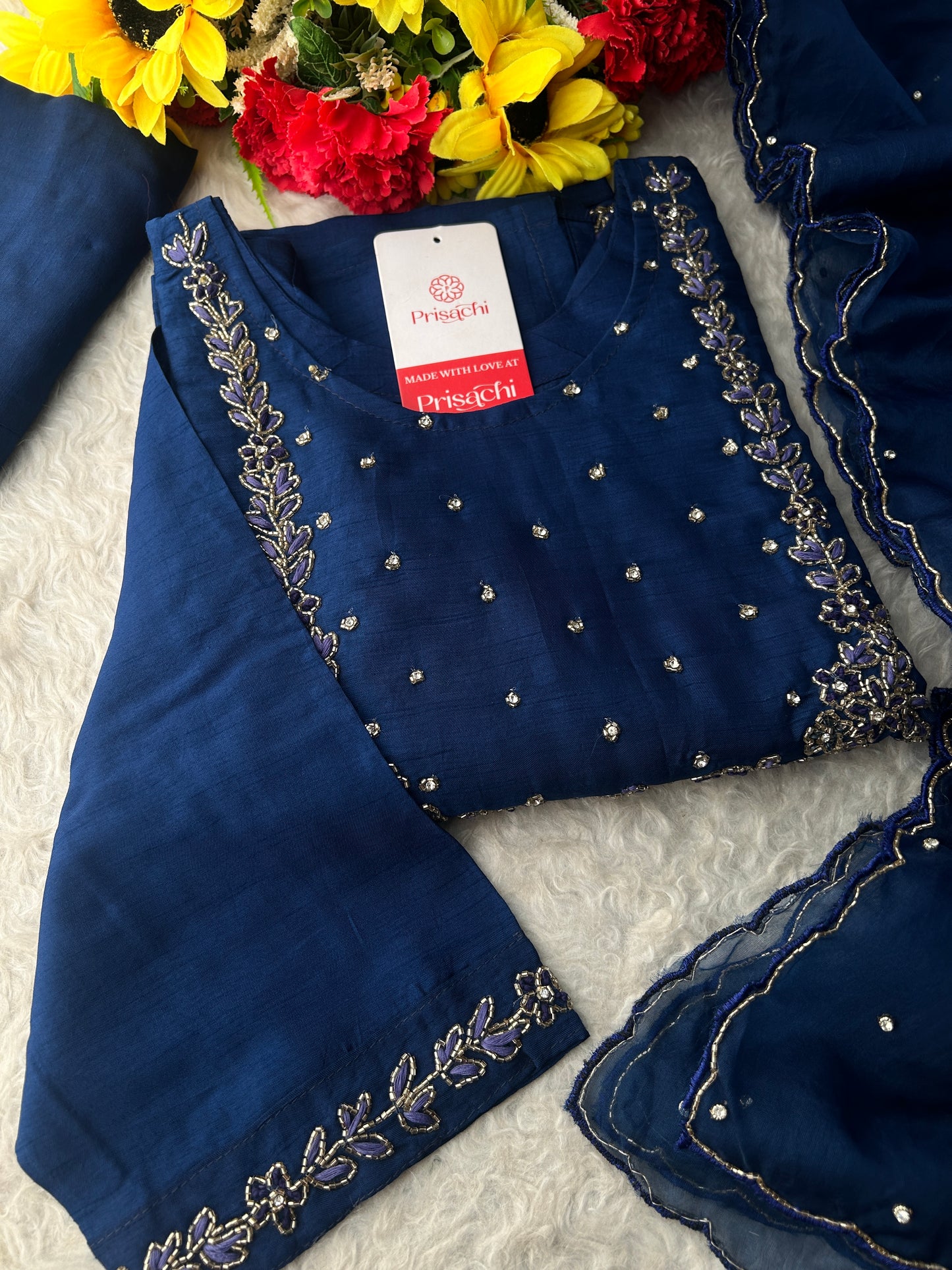 Navy Blue Embroidered Kurta Set with Pants & Dupatta | Traditional Ethnic Wear