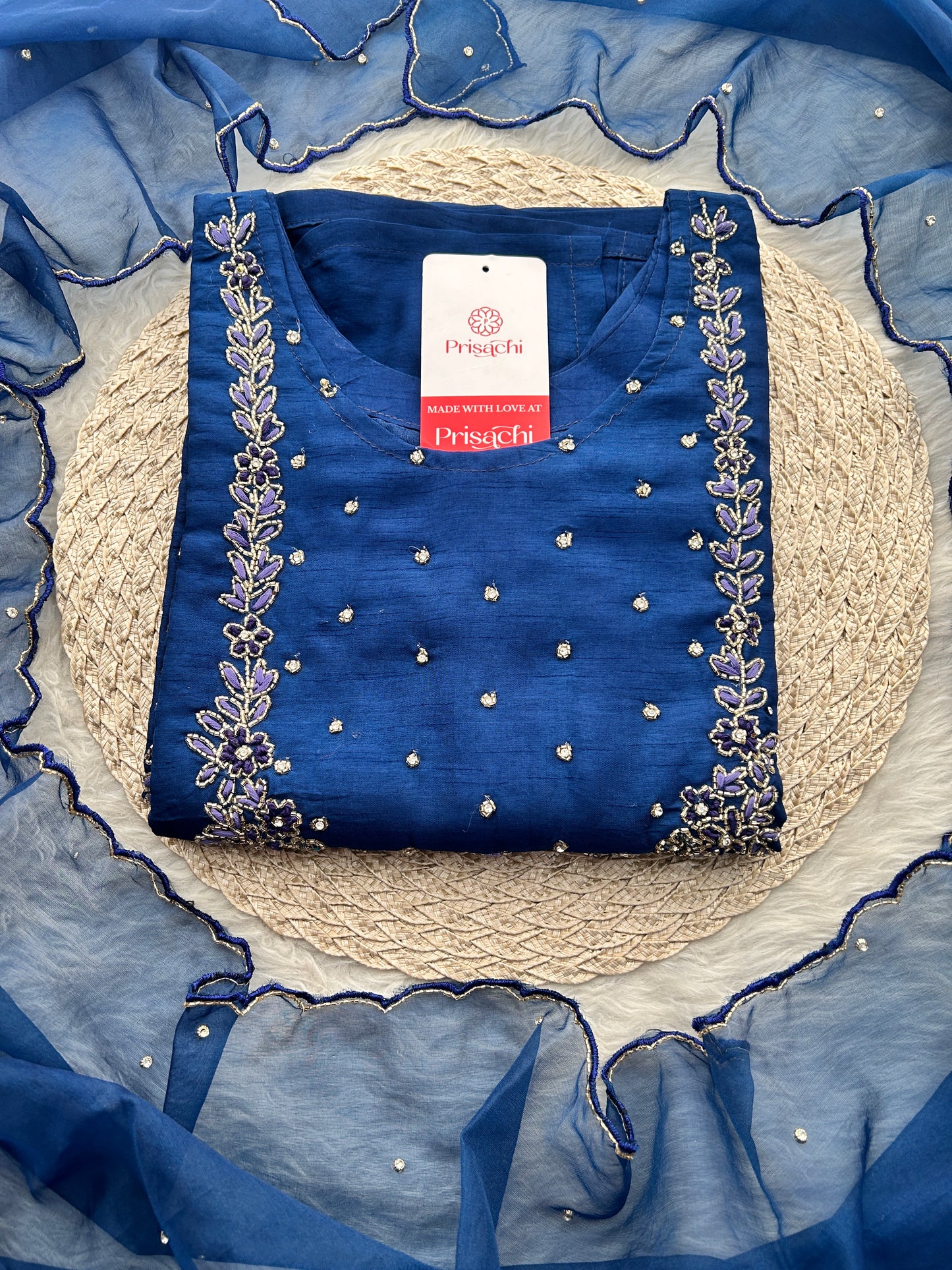 Navy Blue Embroidered Kurta Set with Pants & Dupatta | Traditional Ethnic Wear
