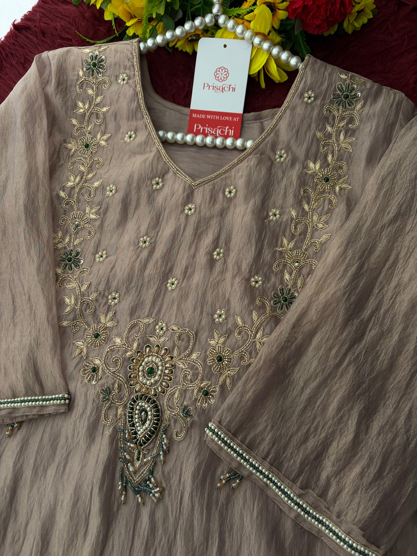 Mauva Zardozi Embroidered Ethnic Kurta Set for Women with Flared Palazzo & Dupatta | Festival & Party Wear