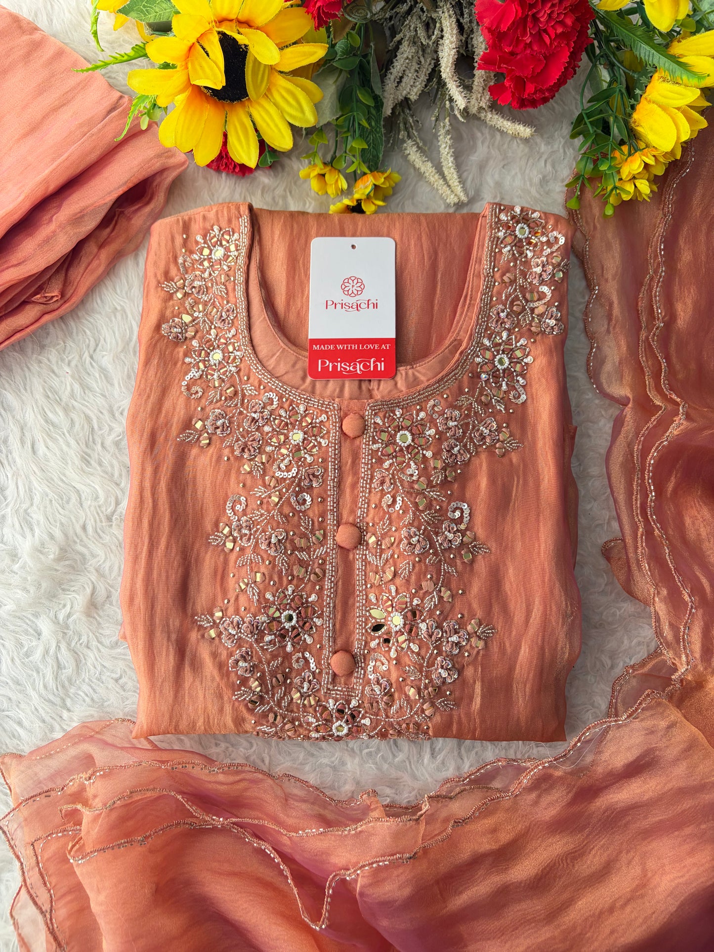 Peach Zardozi Embroidered A Line Kurta Set with Palazzo & Dupatta for Women | Traditional Ethnic Dress
