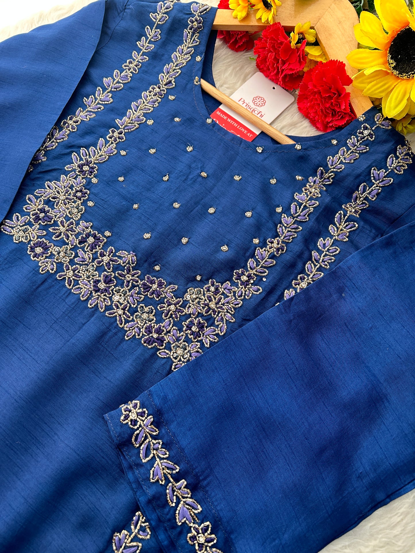 Navy Blue Embroidered Kurta Set with Pants & Dupatta | Traditional Ethnic Wear