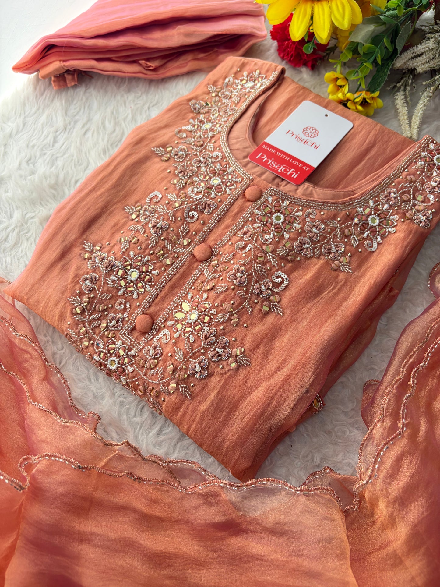 Peach Zardozi Embroidered A Line Kurta Set with Palazzo & Dupatta for Women | Traditional Ethnic Dress