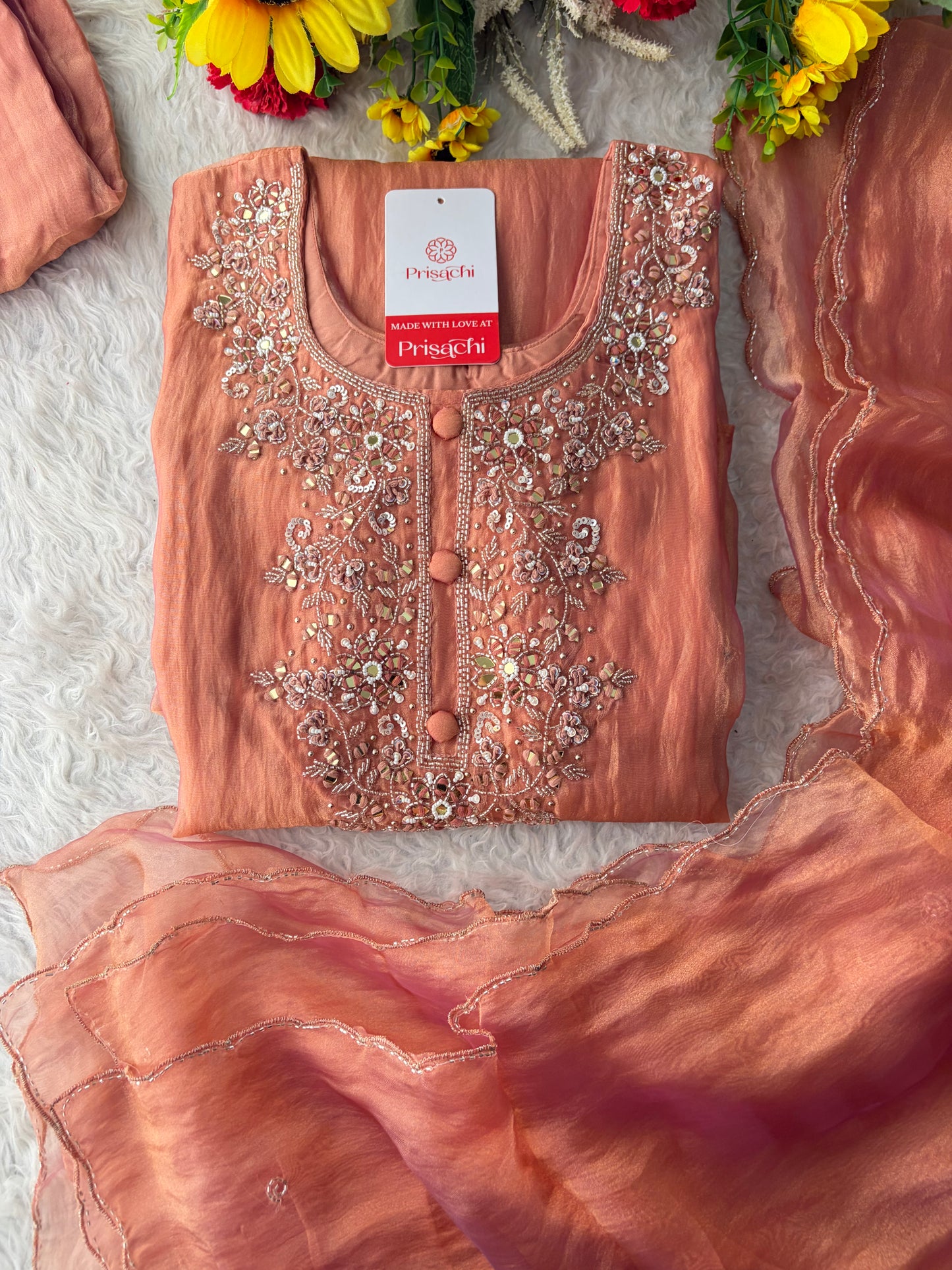 Peach Zardozi Embroidered A Line Kurta Set with Palazzo & Dupatta for Women | Traditional Ethnic Dress