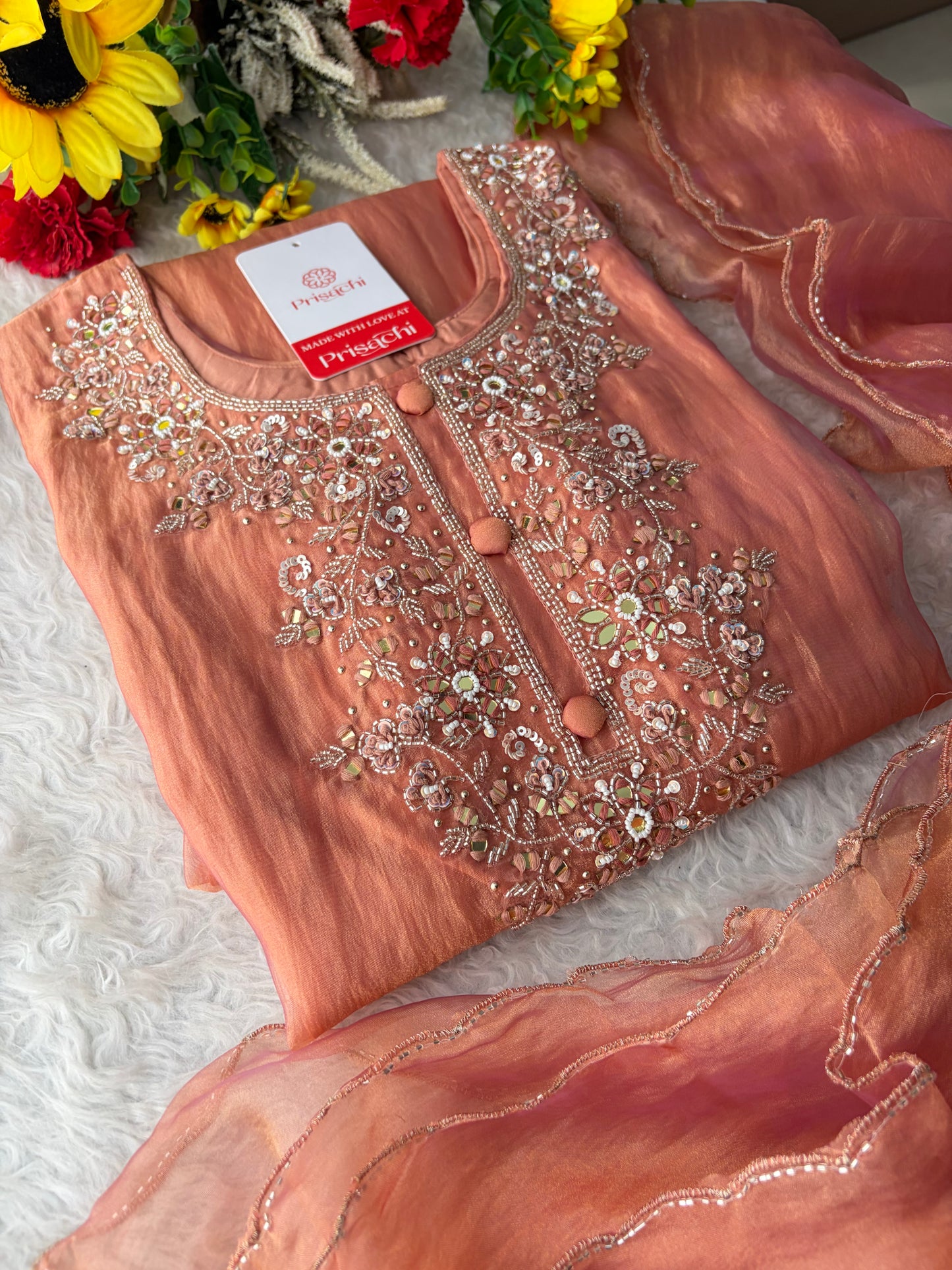 Peach Zardozi Embroidered A Line Kurta Set with Palazzo & Dupatta for Women | Traditional Ethnic Dress