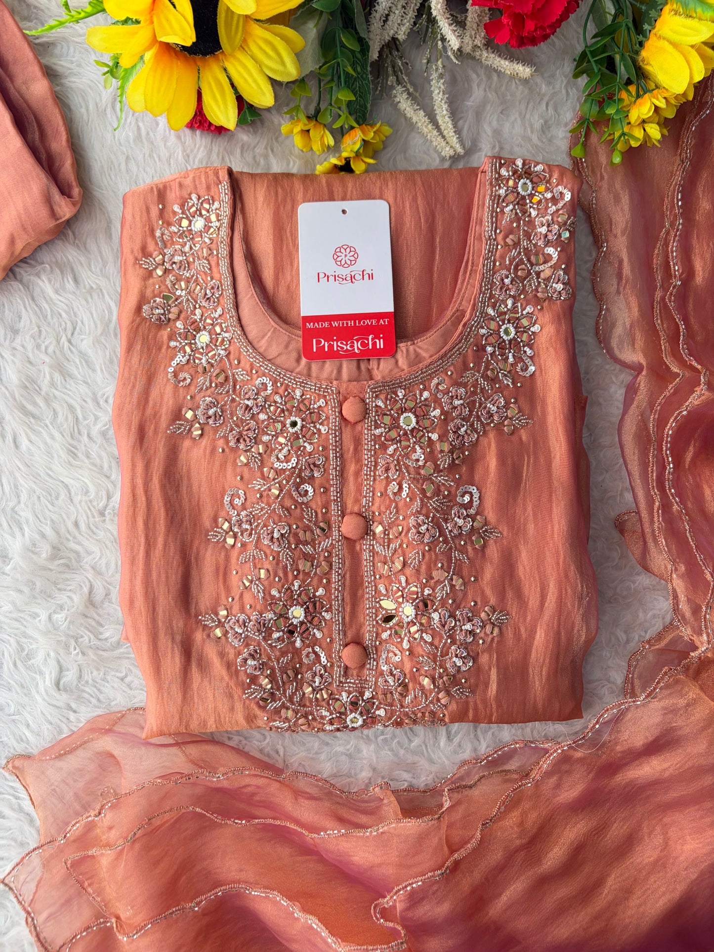 Peach Zardozi Embroidered A Line Kurta Set with Palazzo & Dupatta for Women | Traditional Ethnic Dress