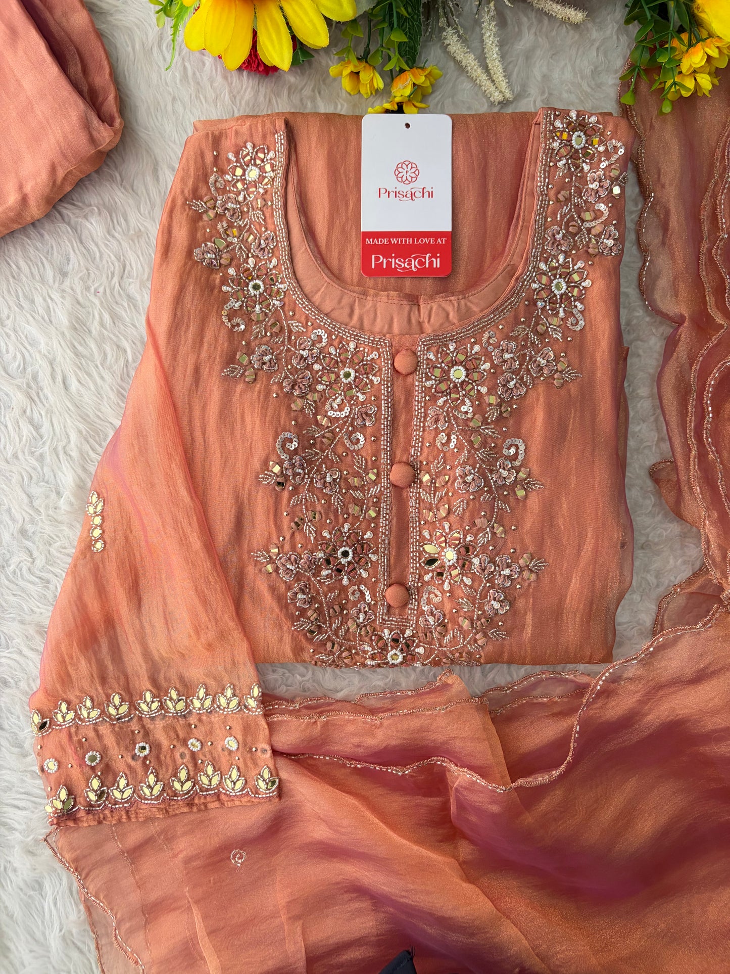 Peach Zardozi Embroidered A Line Kurta Set with Palazzo & Dupatta for Women | Traditional Ethnic Dress