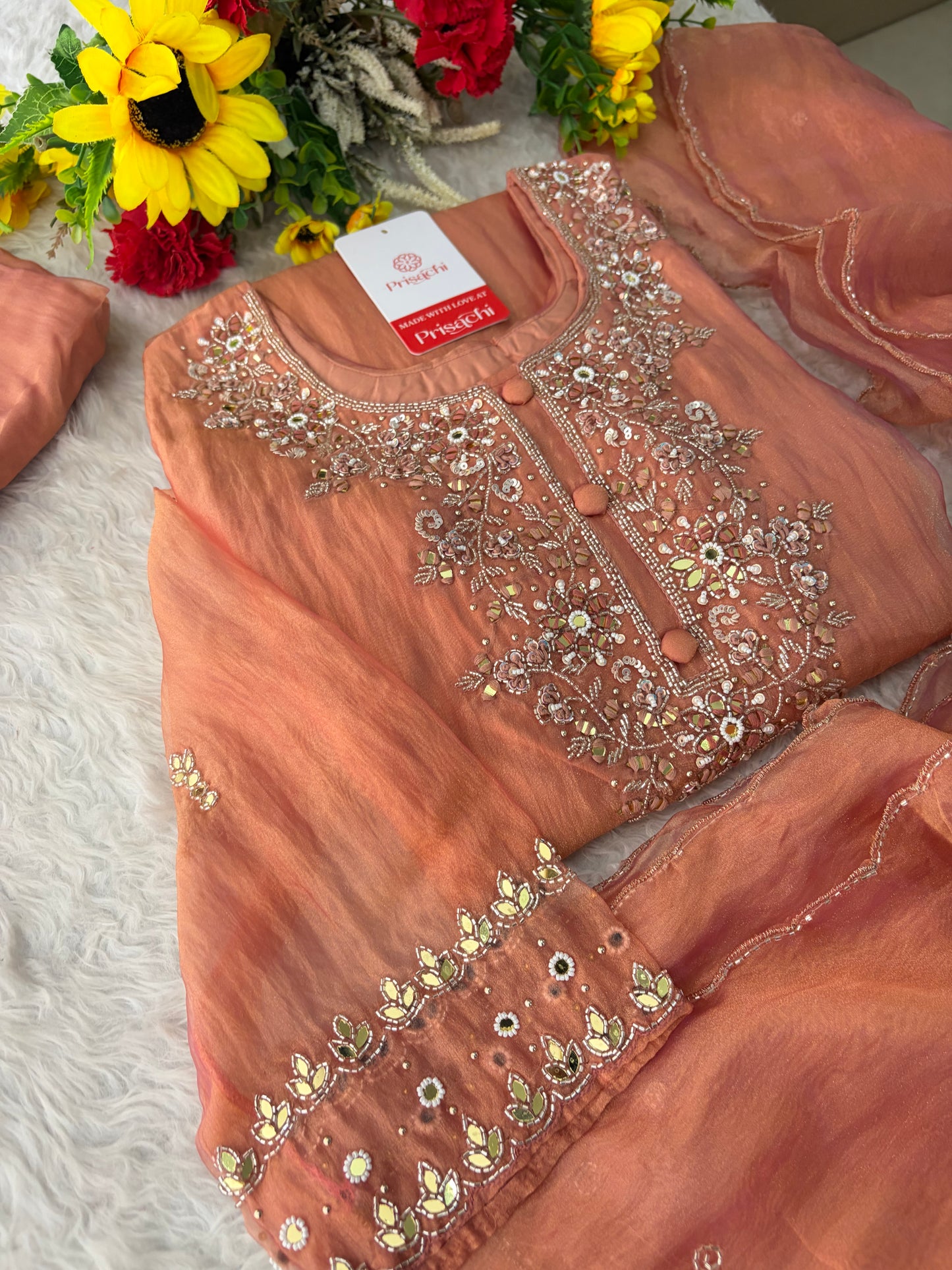 Peach Zardozi Embroidered A Line Kurta Set with Palazzo & Dupatta for Women | Traditional Ethnic Dress