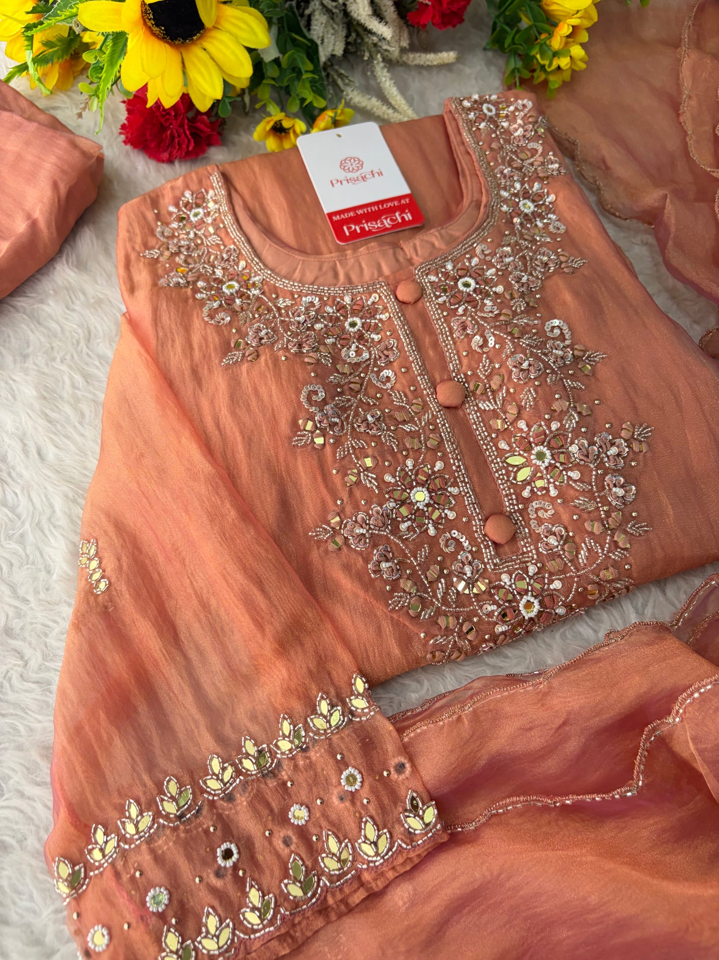 Peach Zardozi Embroidered A Line Kurta Set with Palazzo & Dupatta for Women | Traditional Ethnic Dress